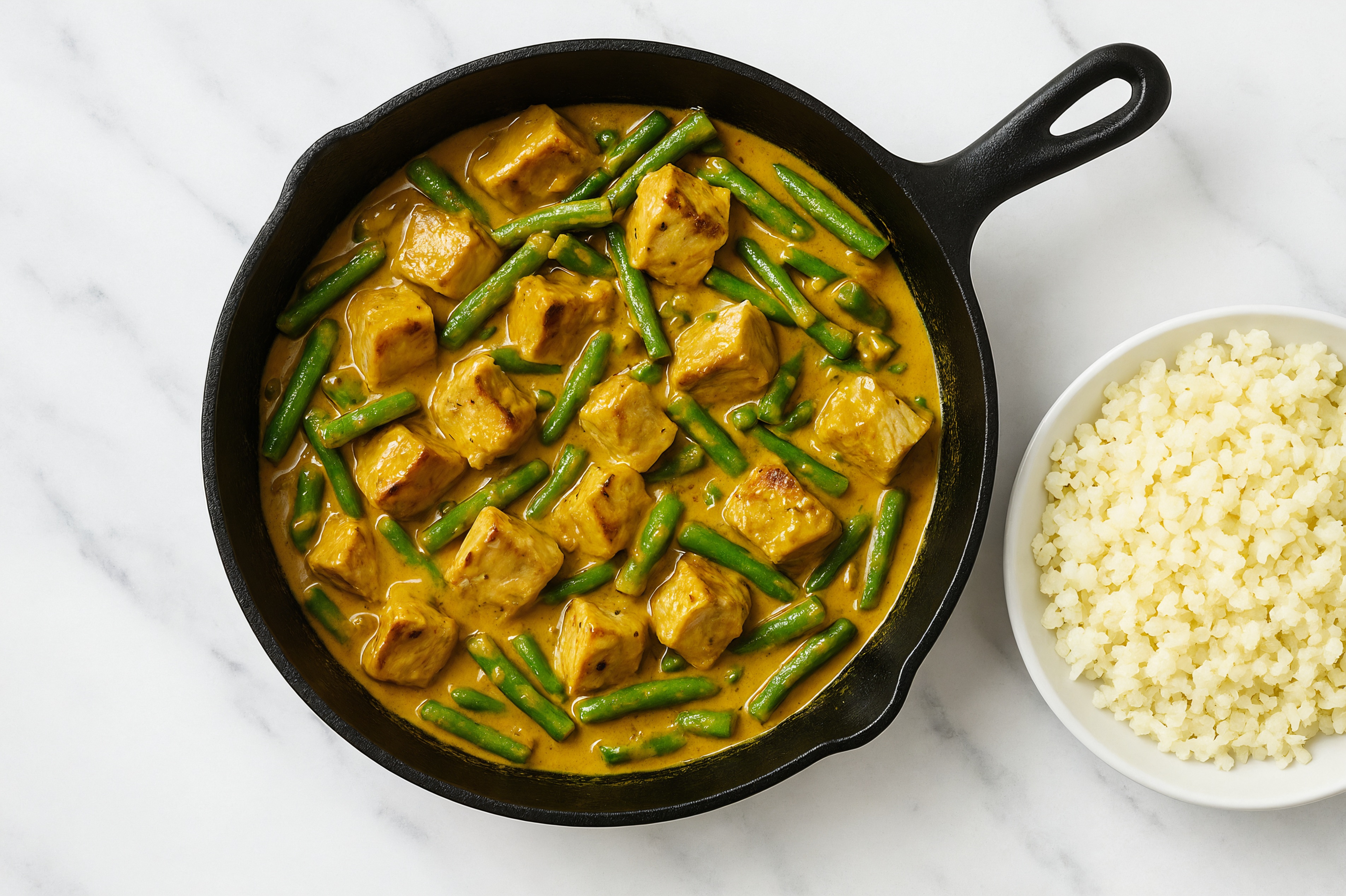 Coconut Curry Grilled Pork Tenderloin Stir-Fry with Green Beans over Riced Cauliflower
