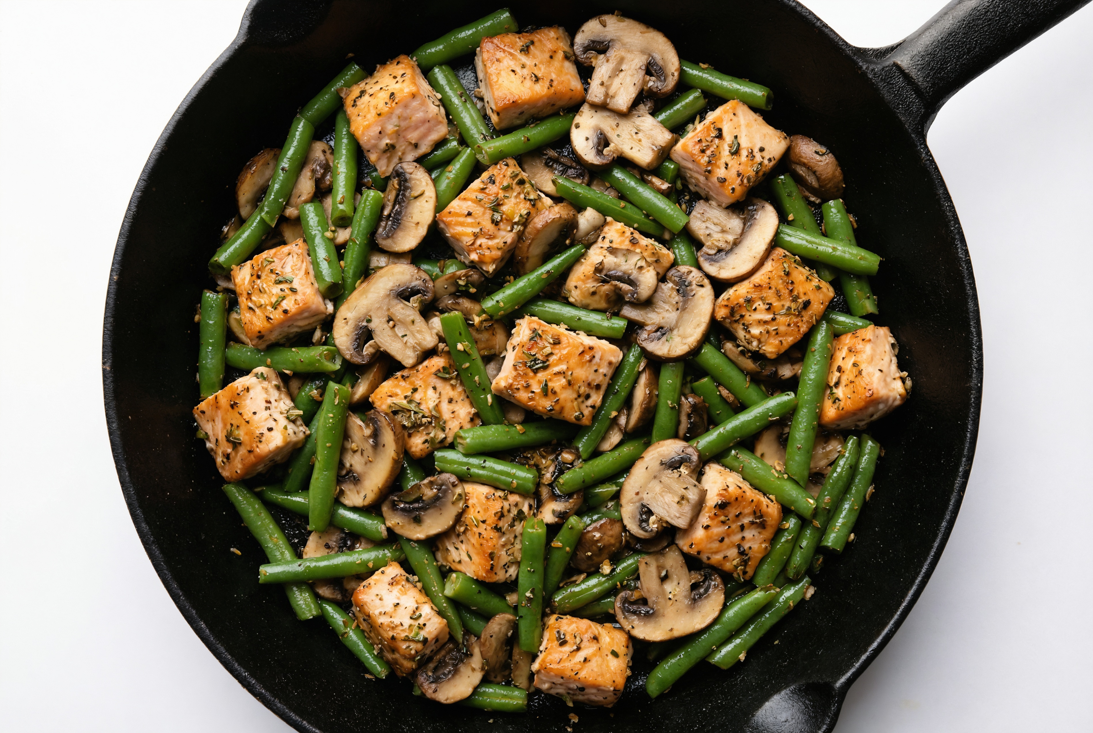 Garlicky Salmon, Organic Green Bean + Mushroom Skillet