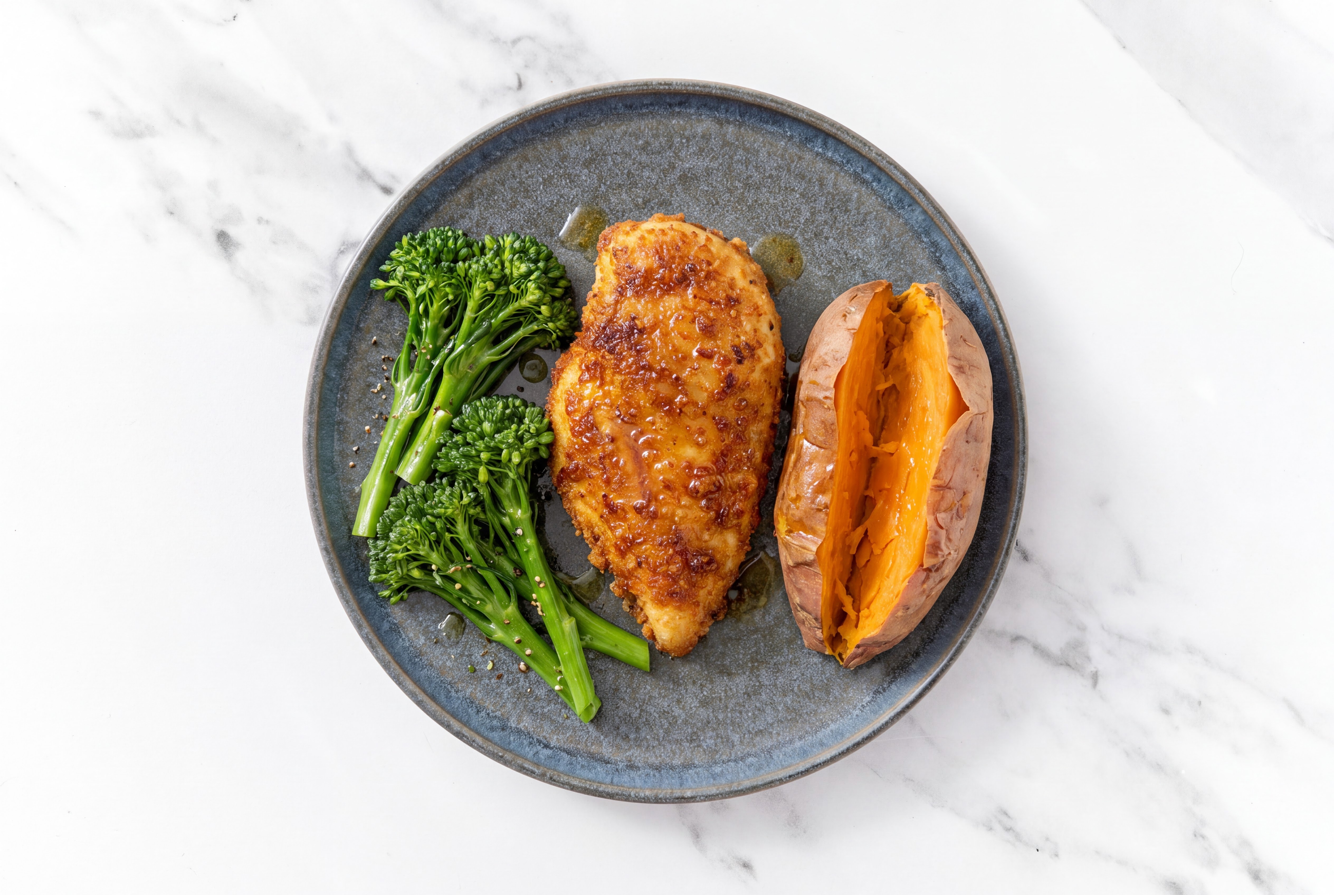 Hot Honey Breaded Chicken Cutlet with Baby Broccoli & Sweet Potato
