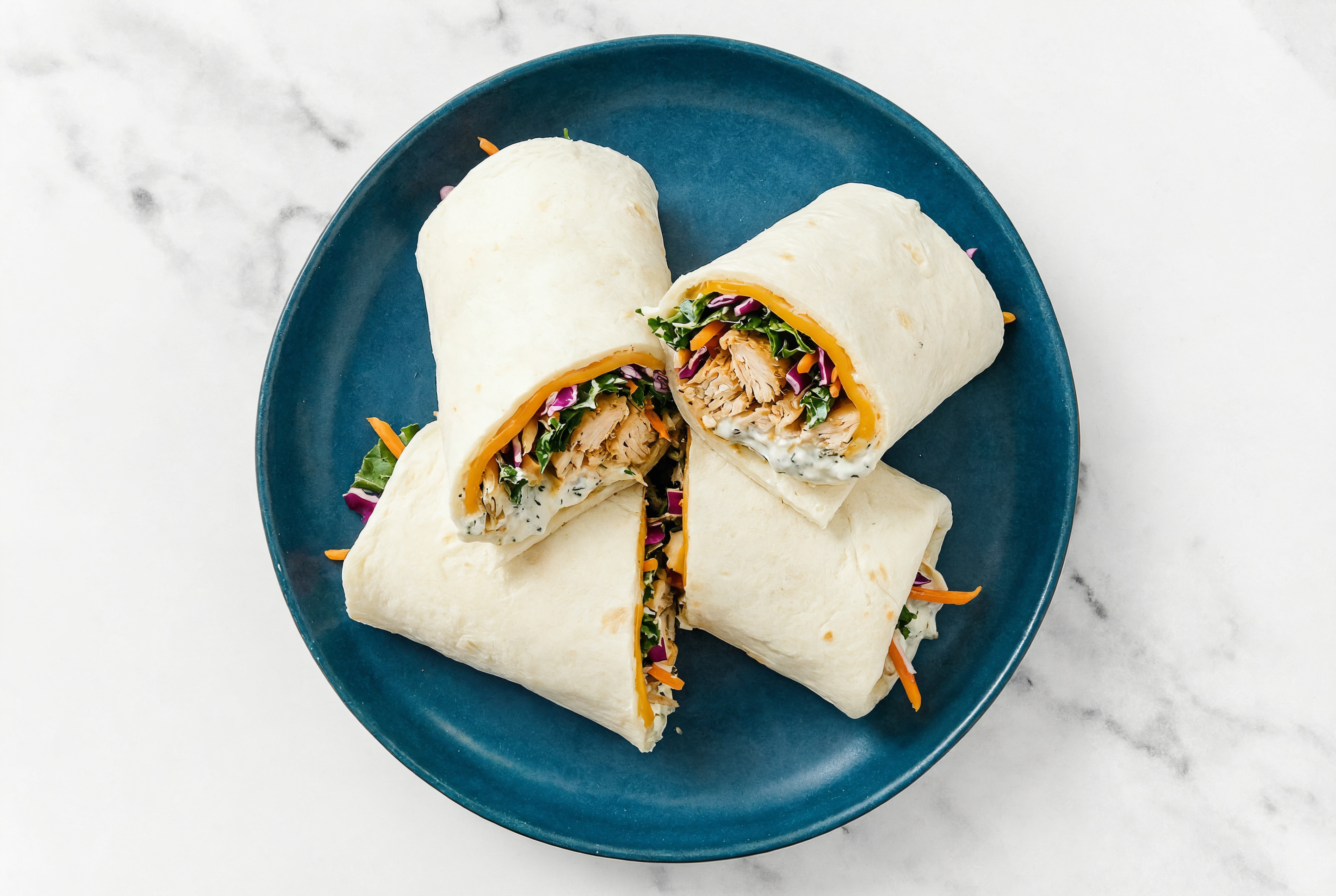 Creamy Pulled Chicken + Cheddar Wraps with Rainbow Veggies