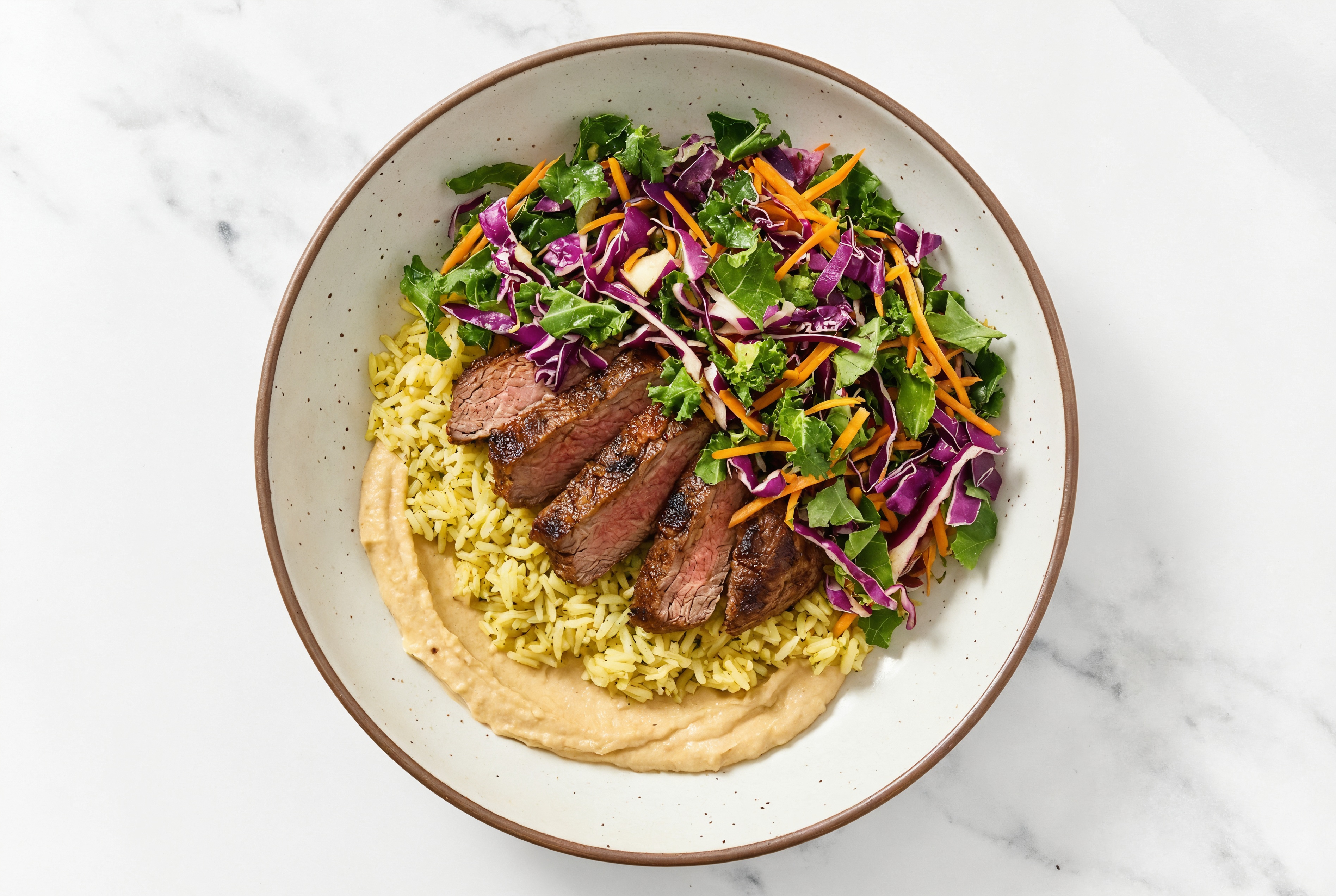Flank Steak & Rainbow Veggie Grain Bowl with Onion Hummus