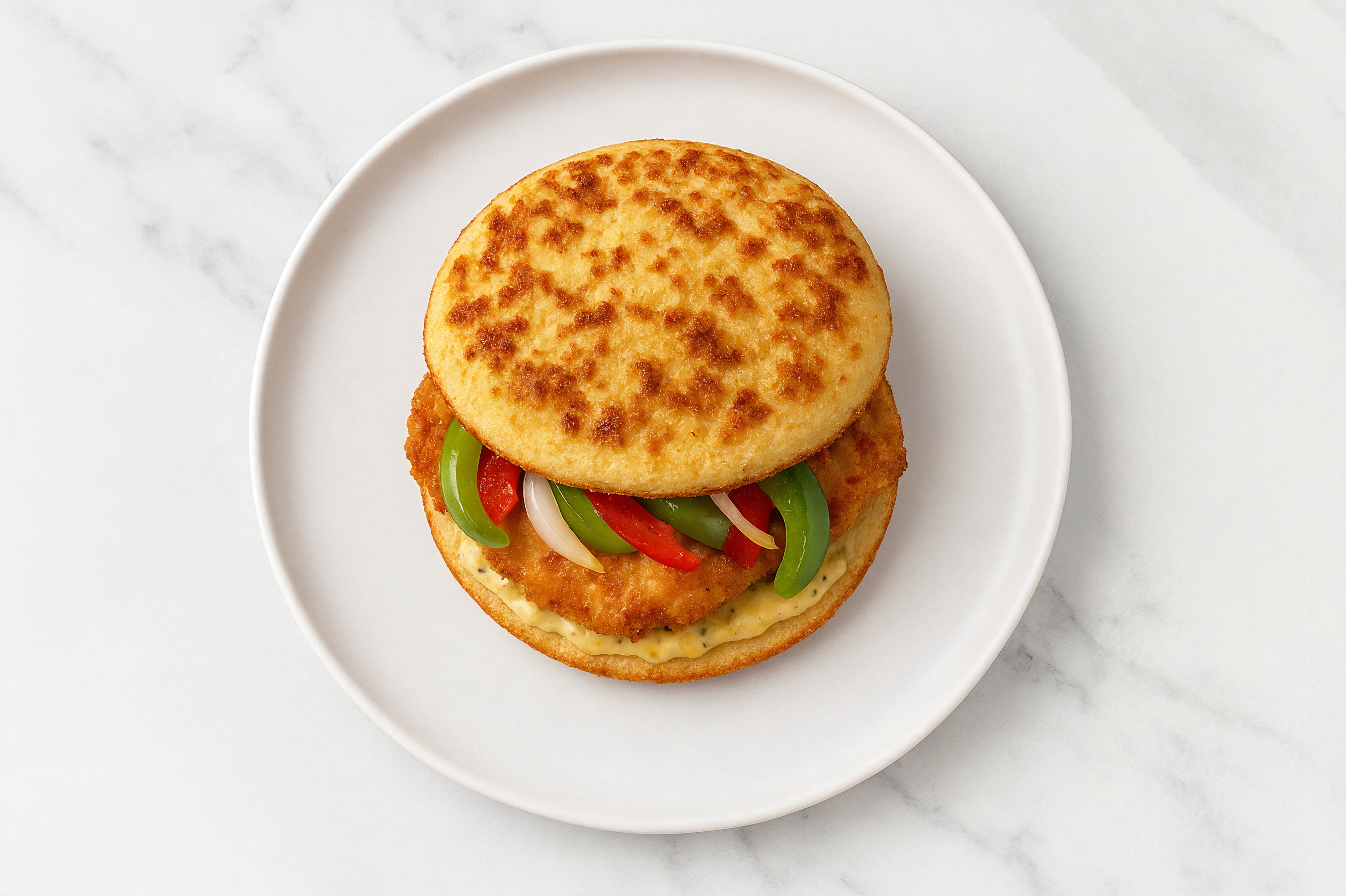 Street Corn "Chicken" Tenders Sandwich with Peppers + Onion on Cauliflower Rounds