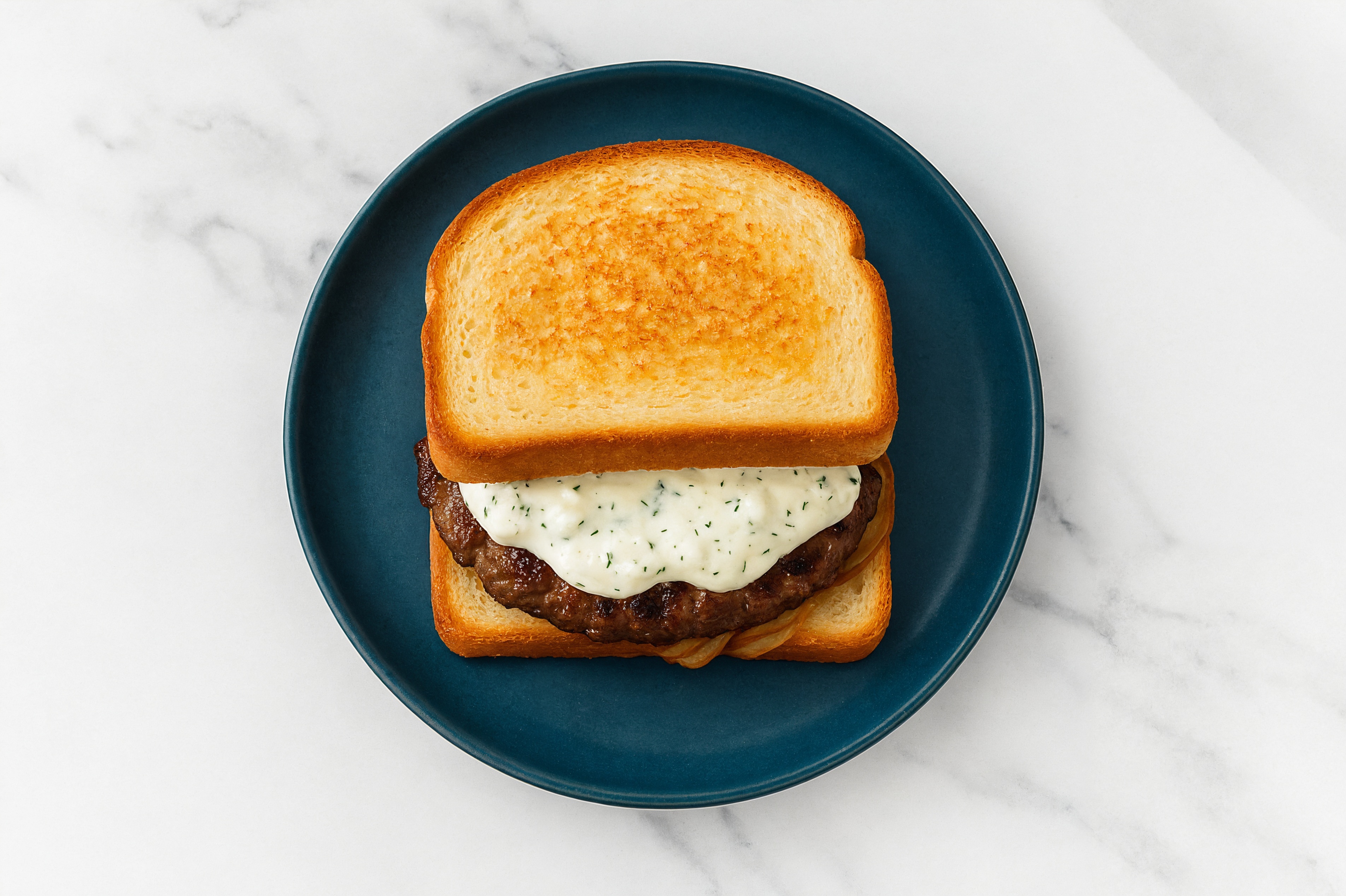 Caramelized Onion Tavern Beef Burger on GF Bread with Cucumber Tzatziki