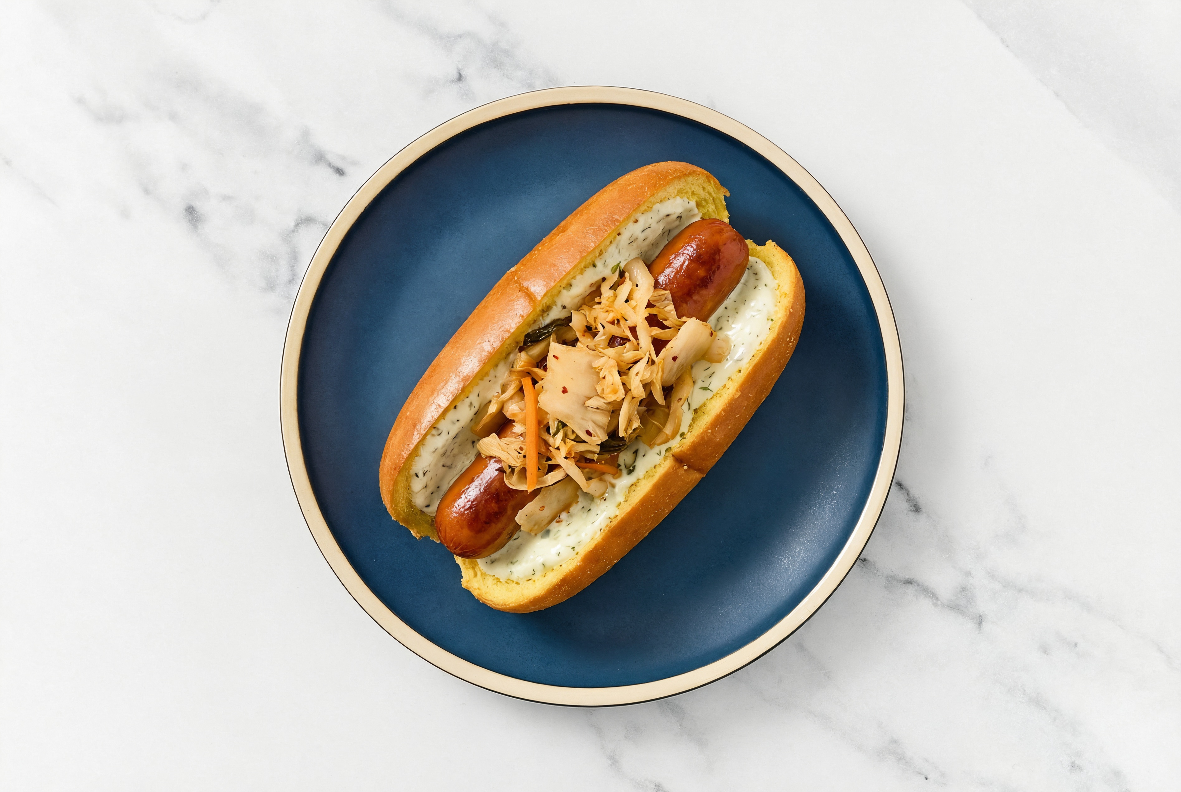 Kimchi Smart Dog with Garlic Sauce on Brioche
