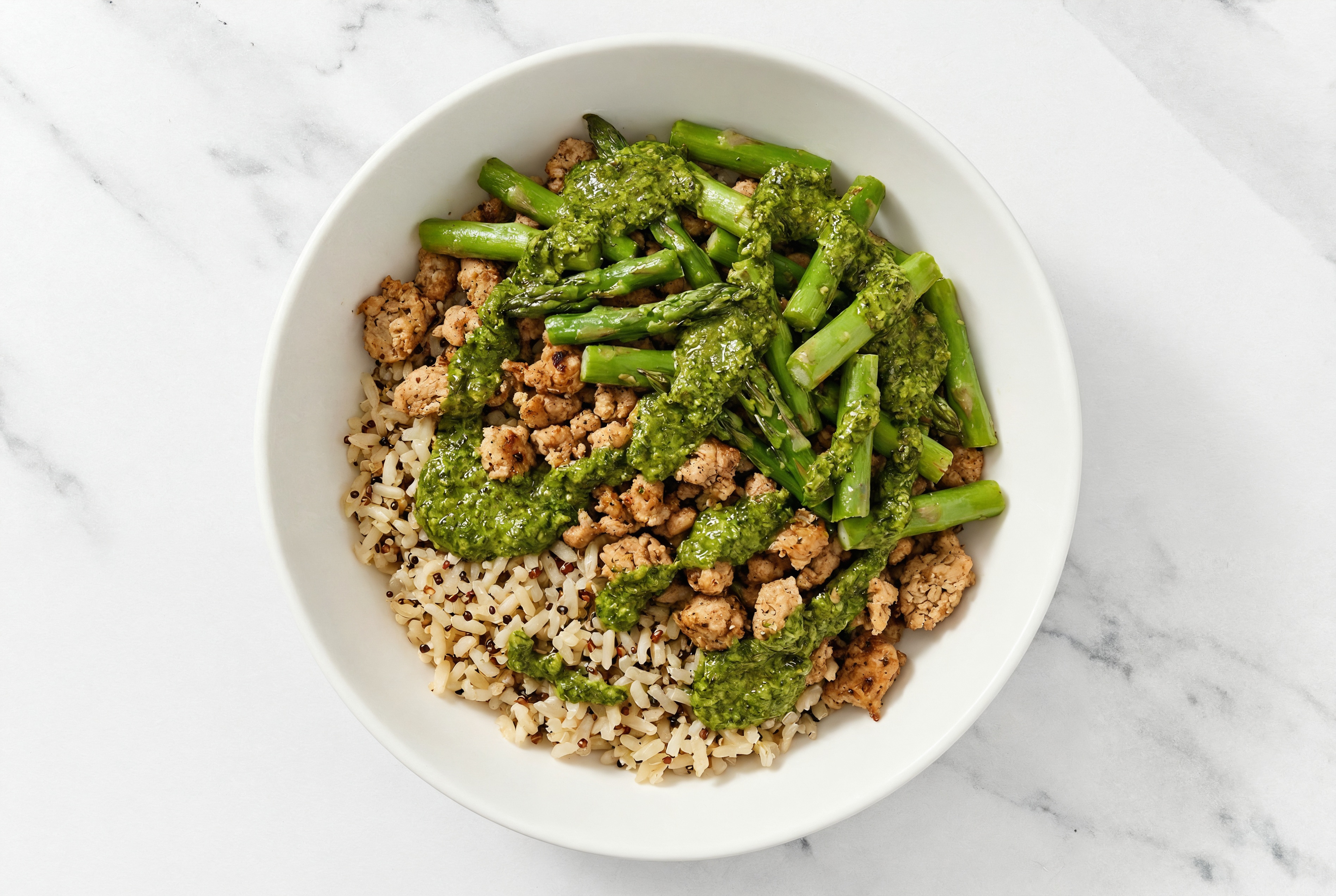 Ground Turkey & Asparagus Grain Bowl with Kale Spinach Pesto with Brown Rice Quinoa Blend