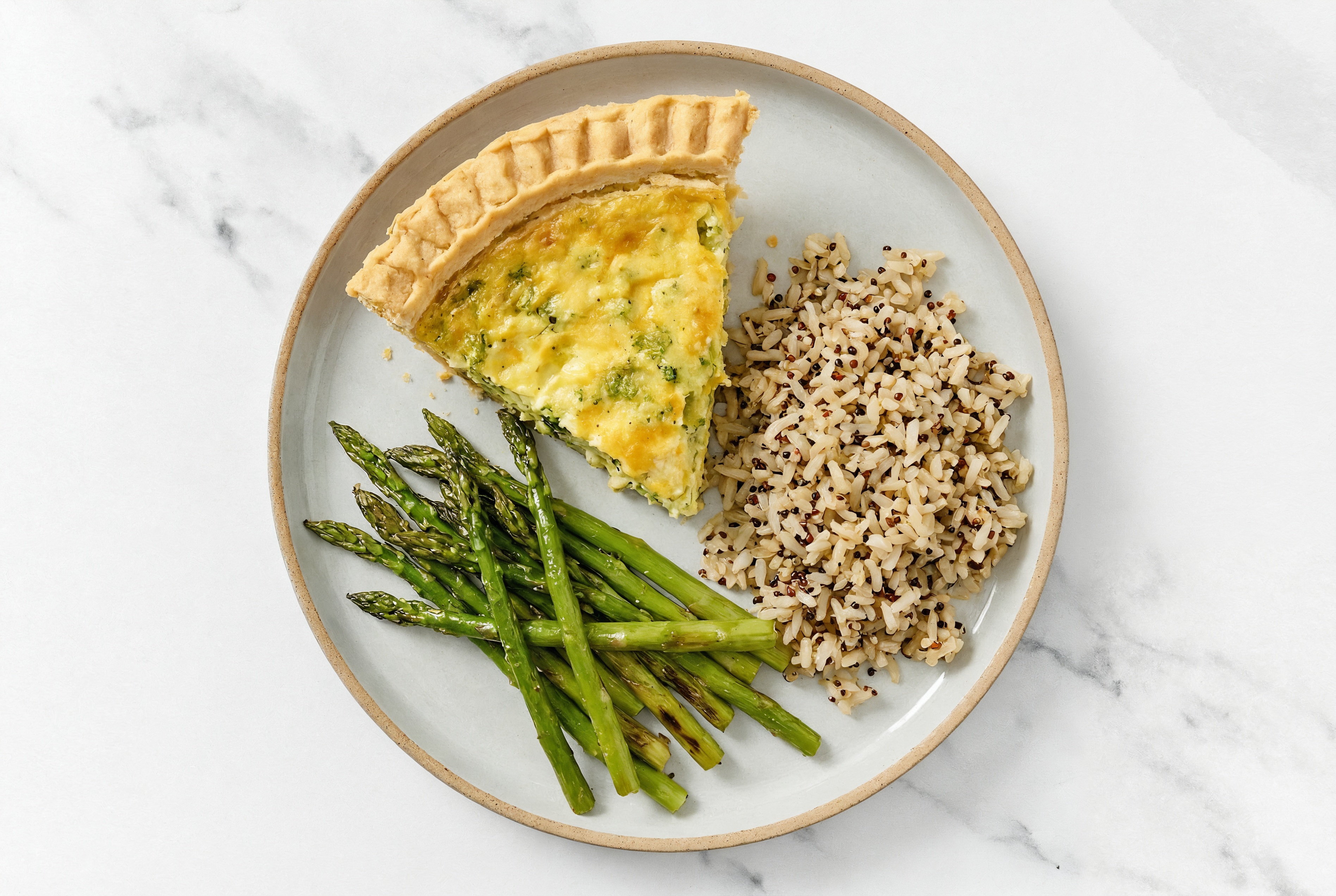 Broccoli & Cheddar Quiche with Asparagus & Quinoa Blend