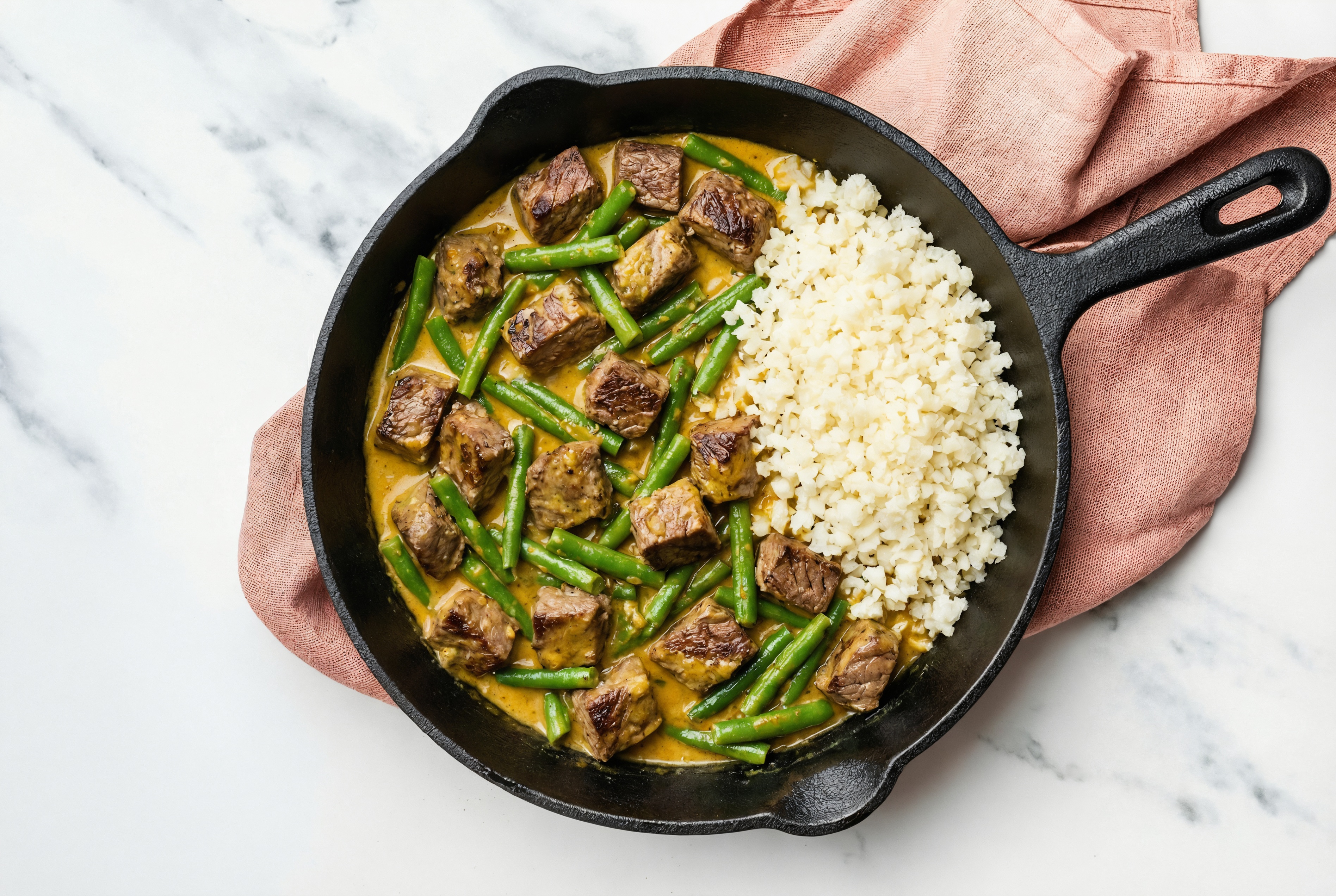 Coconut Curry Beef Sirloin Stir-Fry with Green Beans over Riced Cauliflower