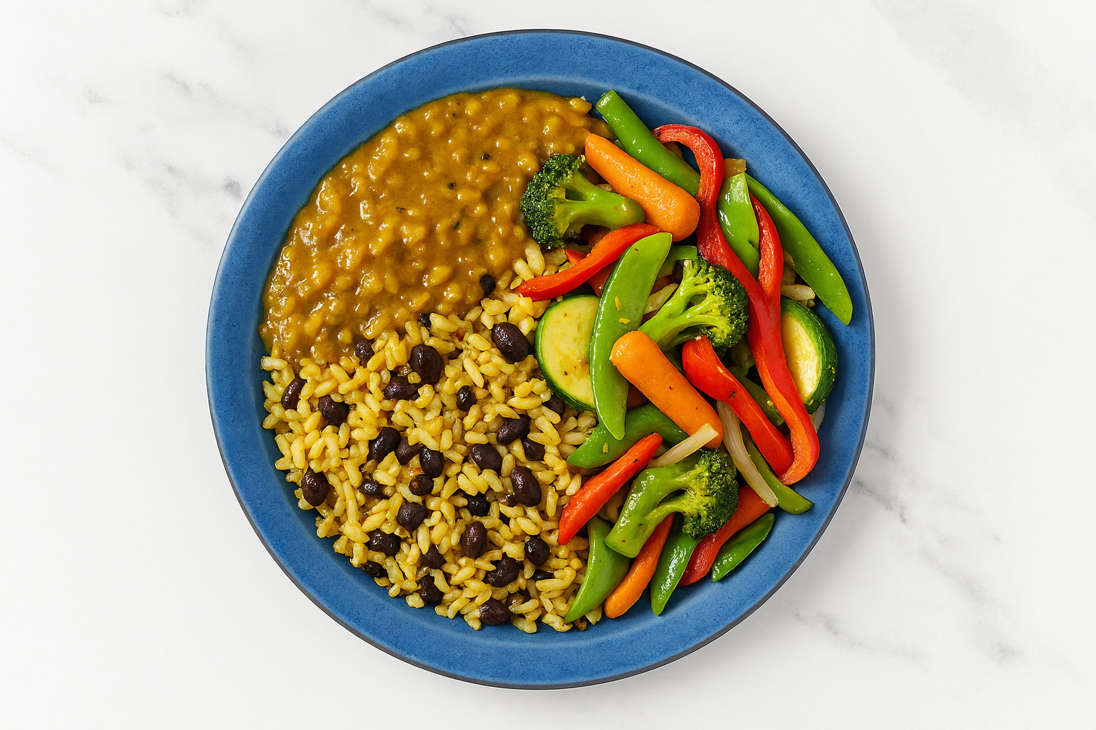 Yellow Lentil Dal + Bell Pepper Grain Bowl with Seasoned White Rice + Black Beans
