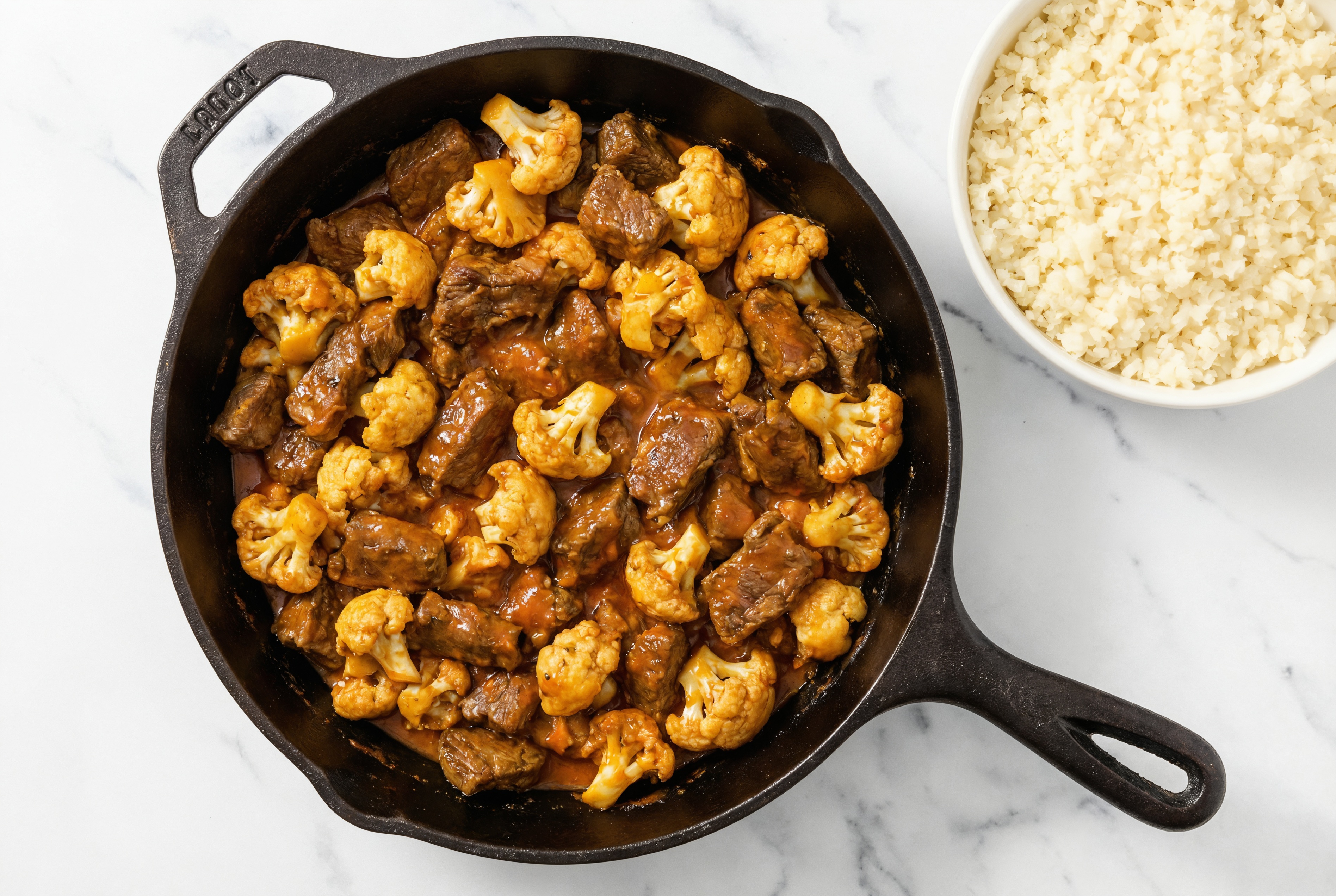 Tikka Masala Beef Stir-Fry with Cauliflower over Riced Cauliflower