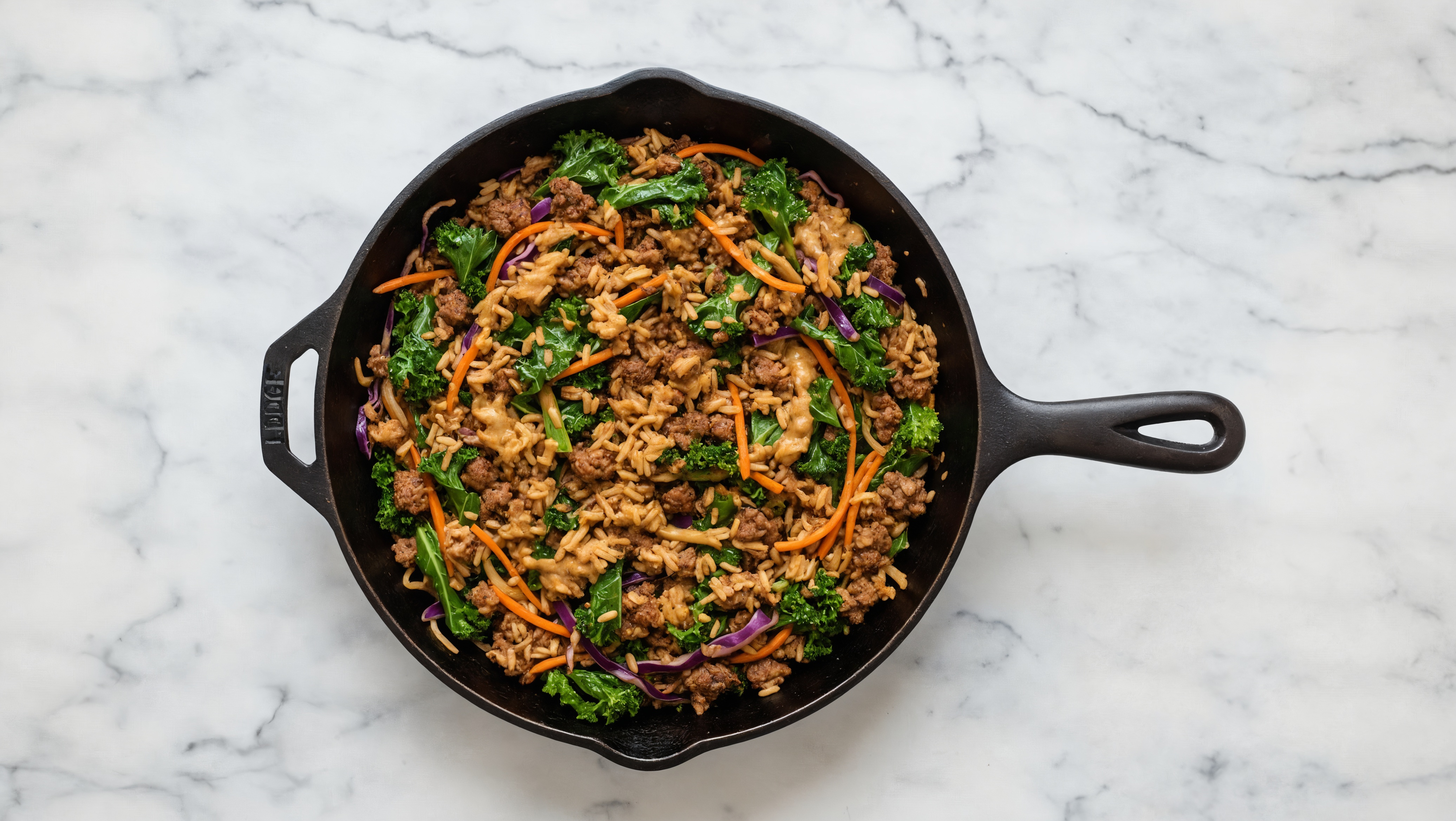 Thai Peanut Rainbow Veggie + Ground Bison Stir-Fry with Brown Rice