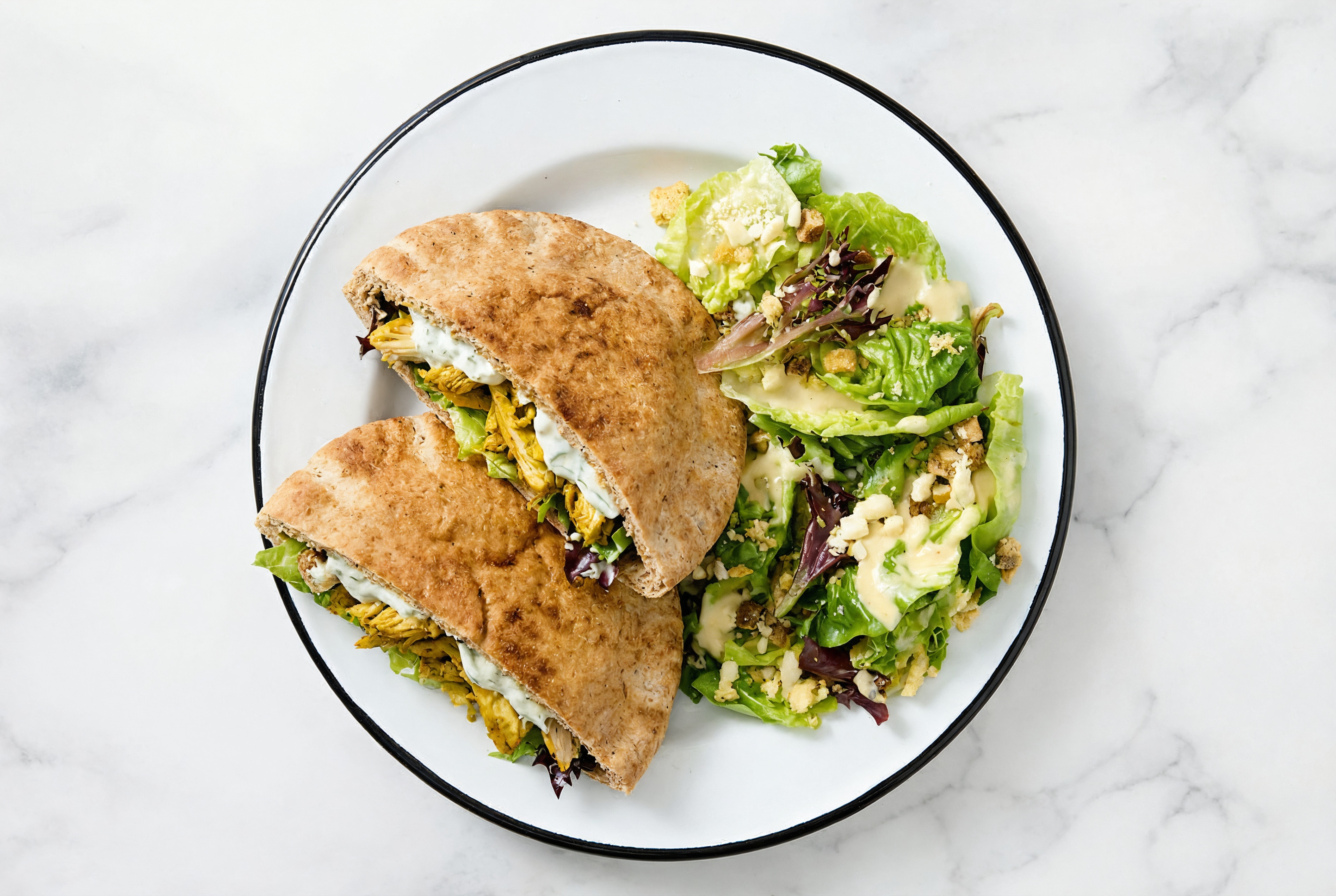 Chicken Shawarma Pita with Tzatziki + Little Gem Salad