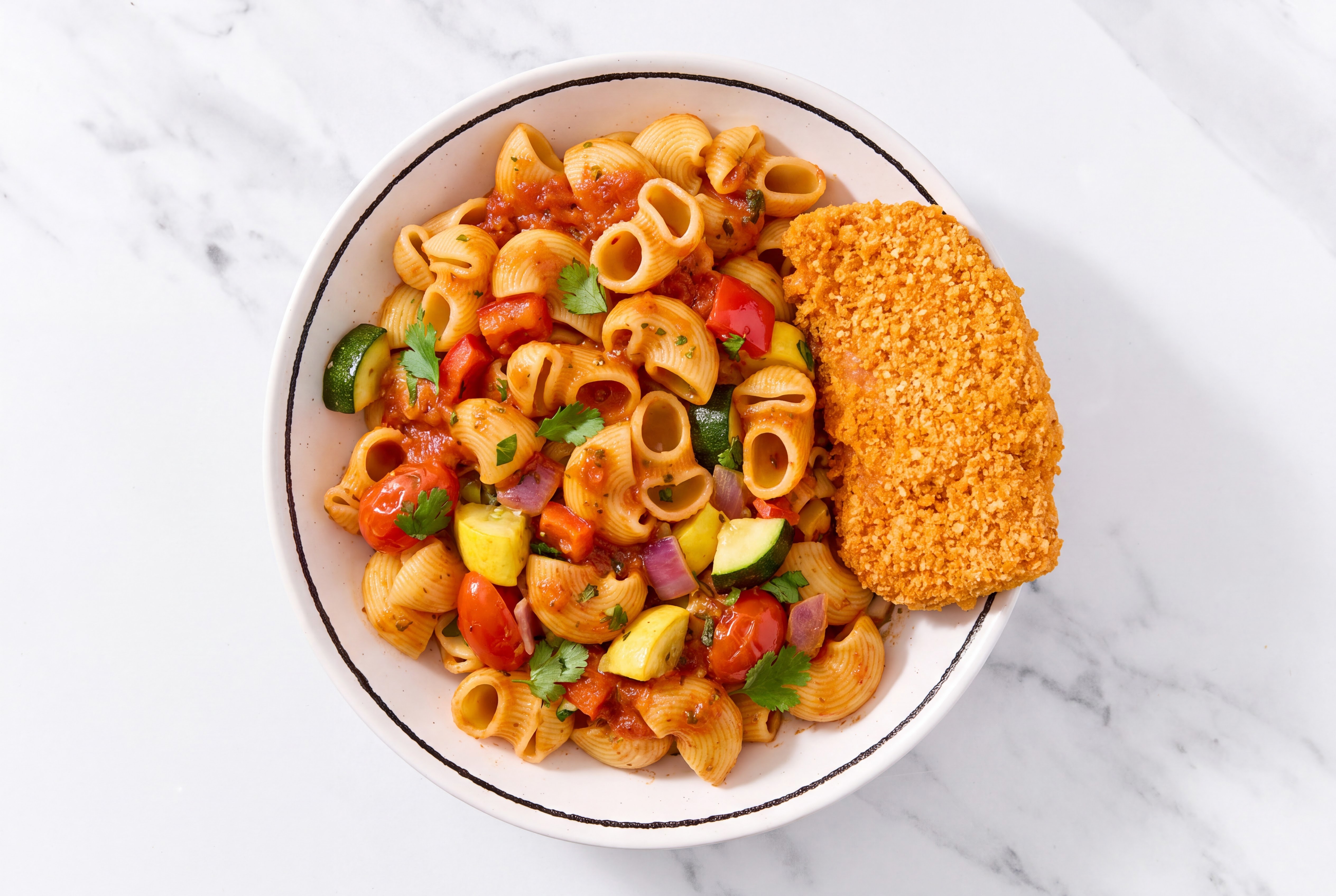 Crispy Hot Honey Chicken over Marinara Chiocciole Pasta with Mixed Veggies