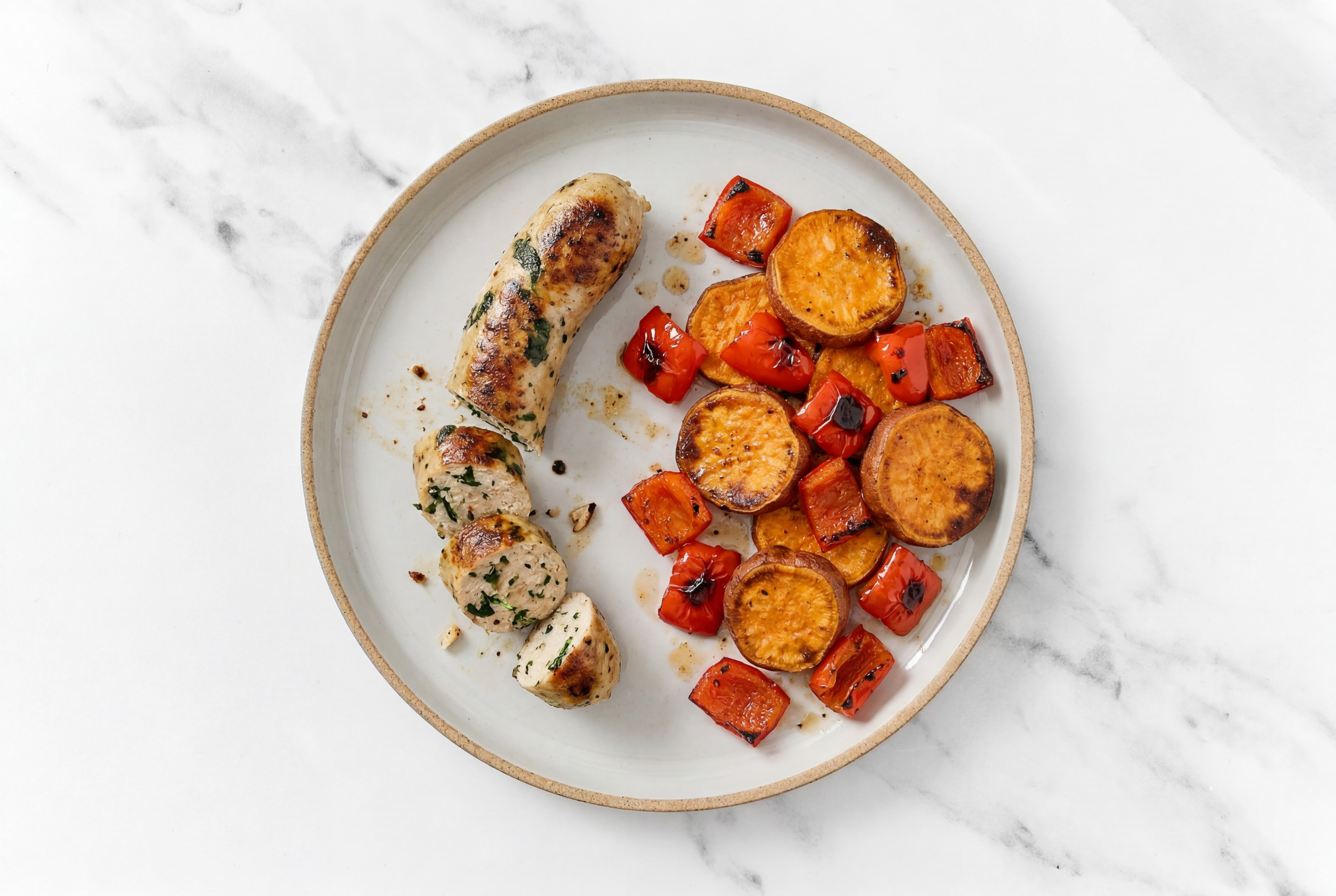 Hearty Garlicky Chicken Sausage + Potato Hash with Red Bell Pepper