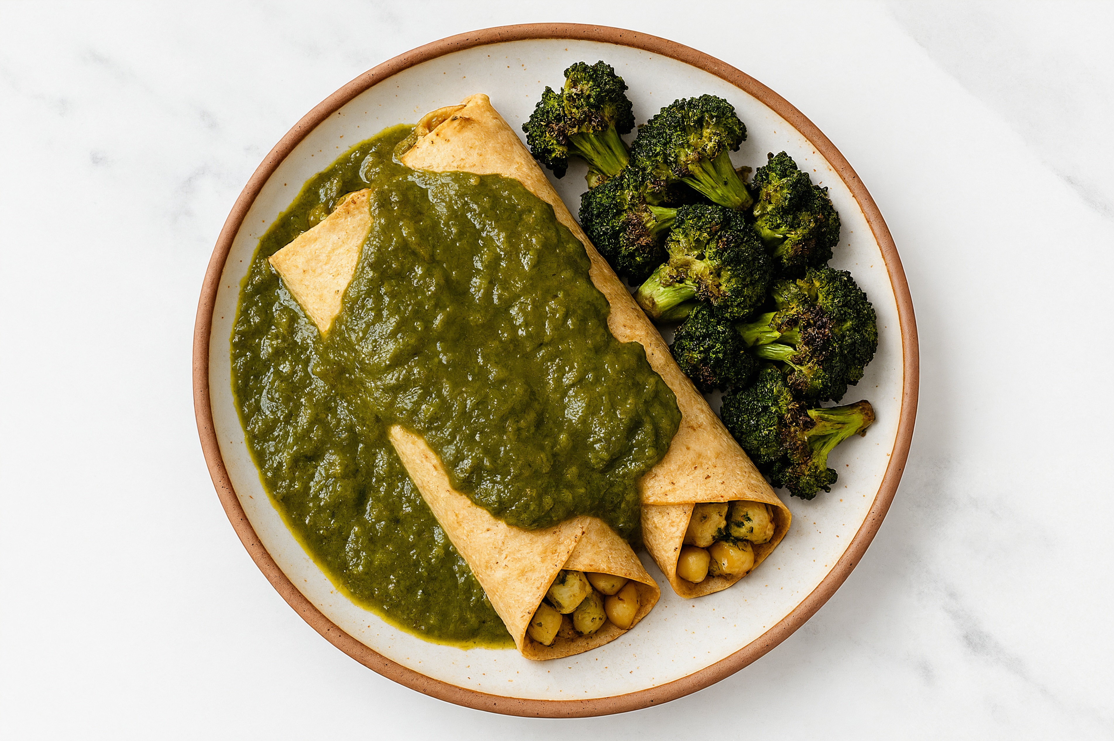Saag Chickpea + Potato Enchiladas with Broccoli