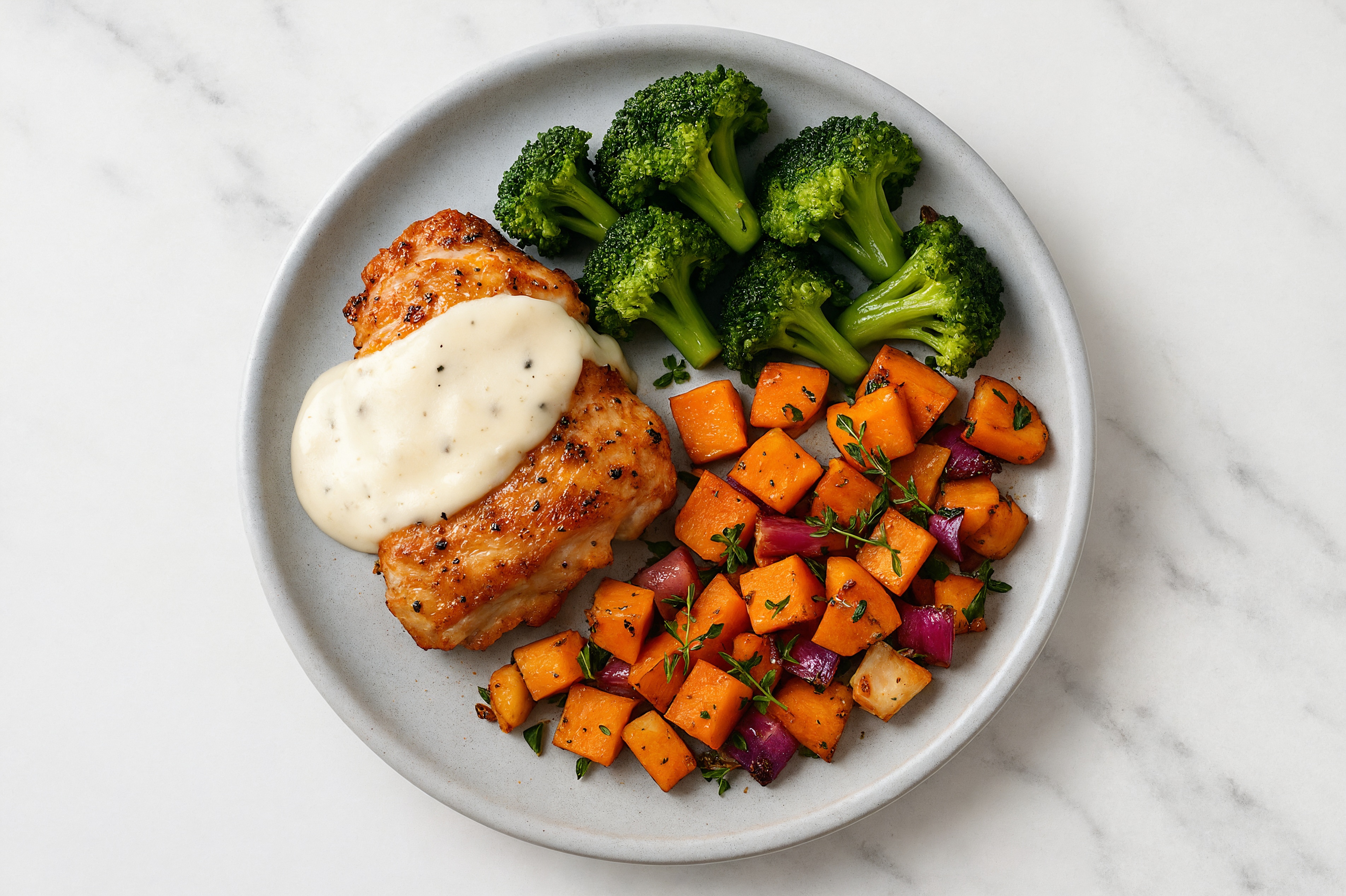 Creamy Parmesan Smothered Chicken Thighs with Broccoli & Roasted Vegetables