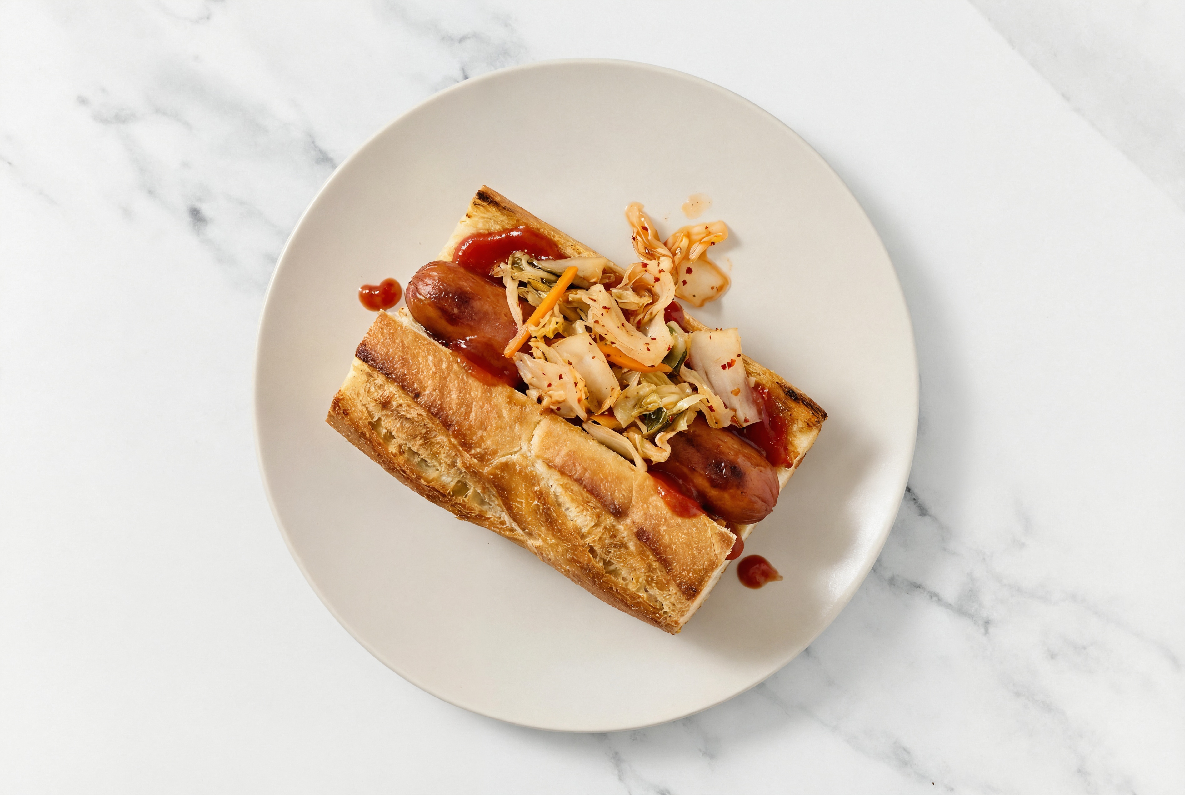 Kimchi Beef Hot Dog with Ketchup on Baguette