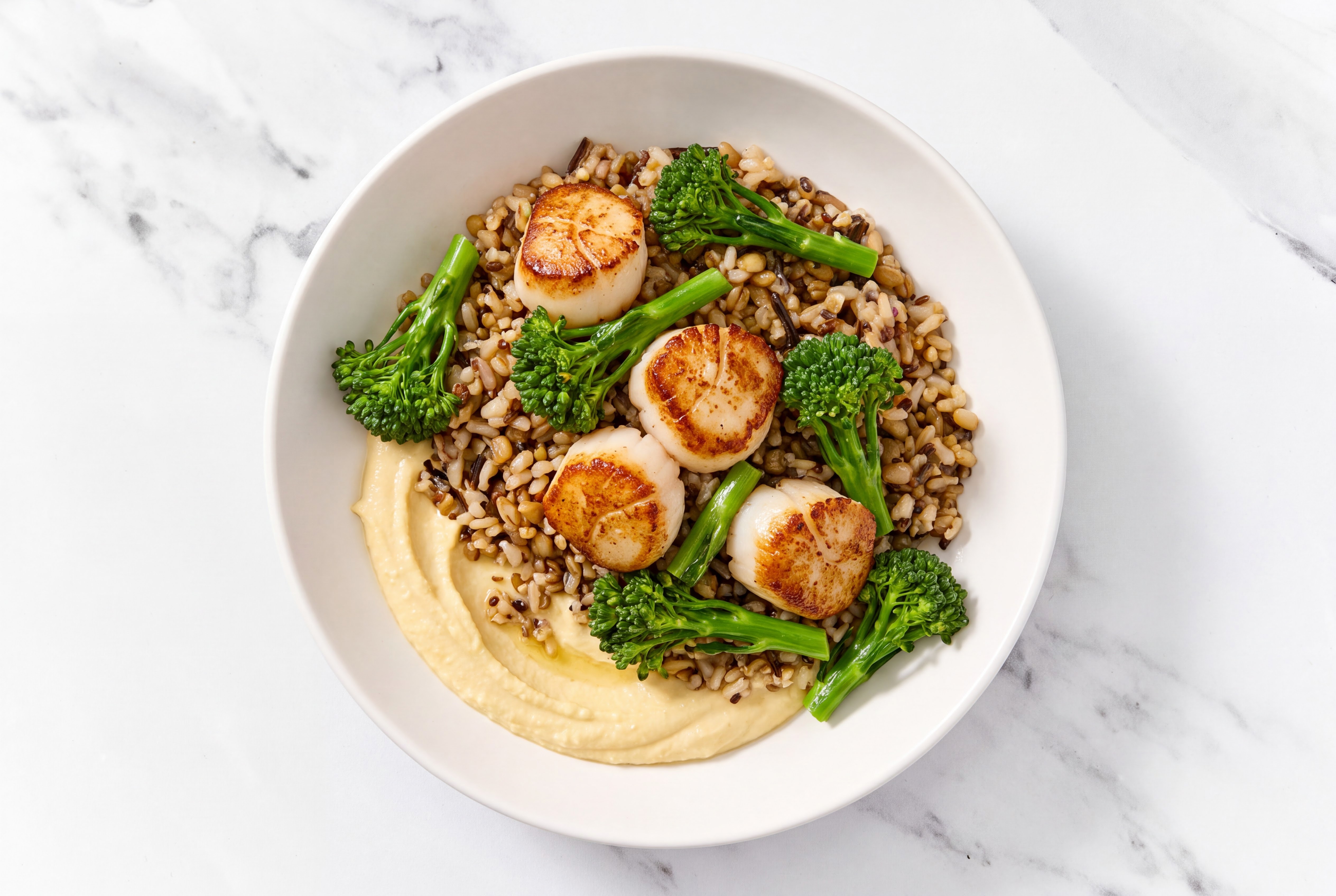 Scallop & Baby Broccoli Grain Bowl with Lemon Garlic Hummus