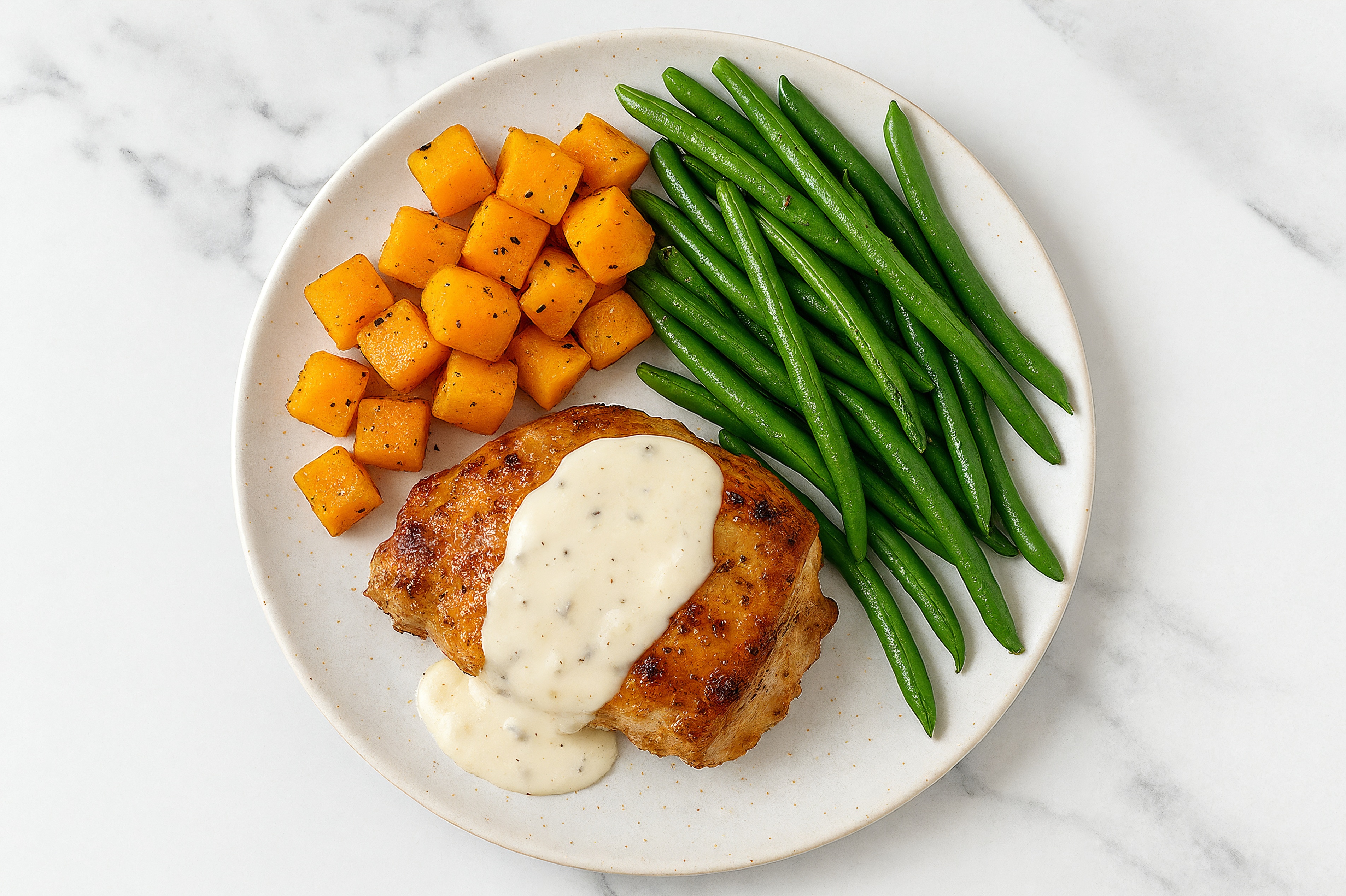 Creamy Parmesan Smothered Chicken Thighs with Green Beans & Roasted Butternut Squash