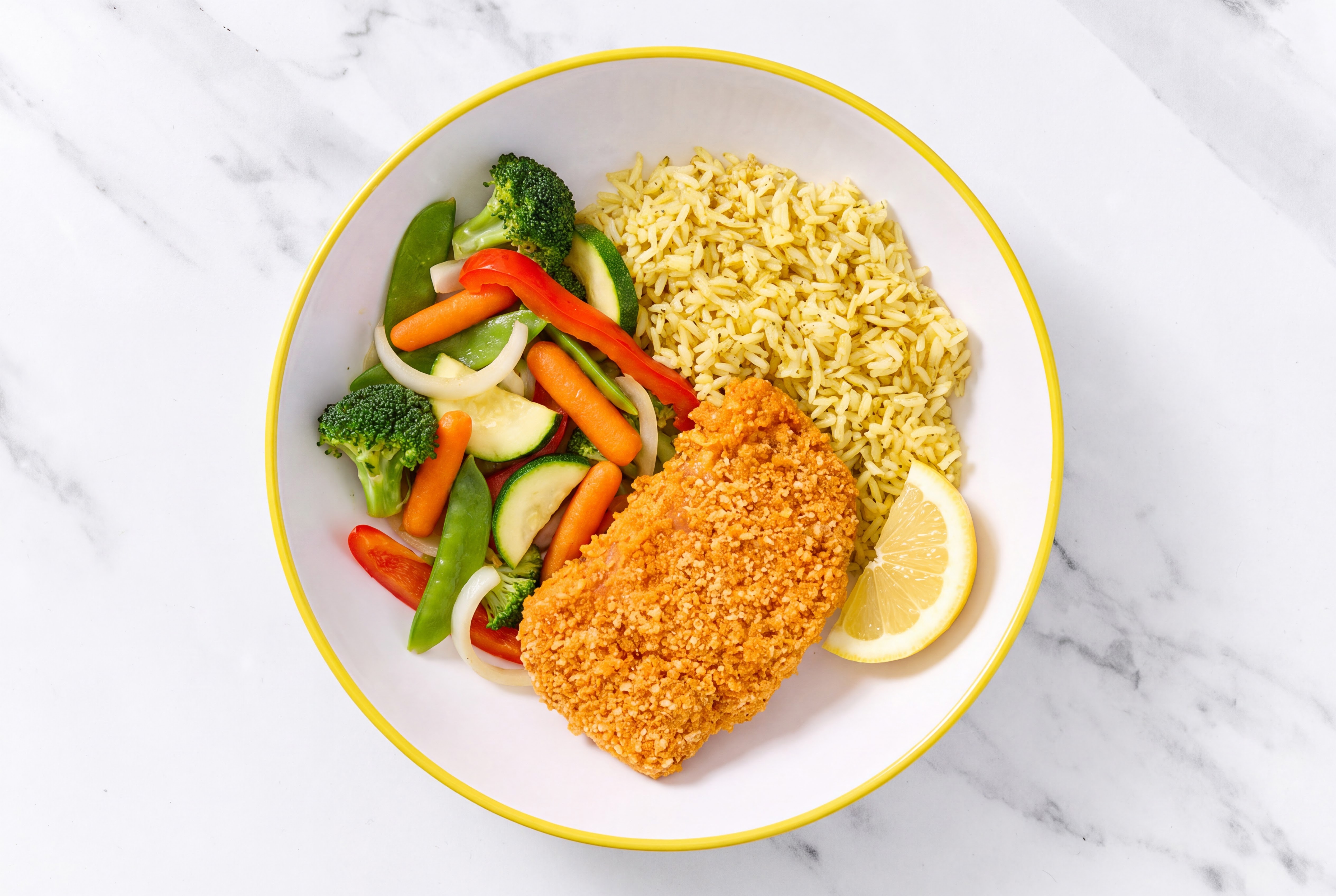 Lemon Hot Honey Breaded Chicken Cutlet with Mixed Veggies & Jasmine Rice