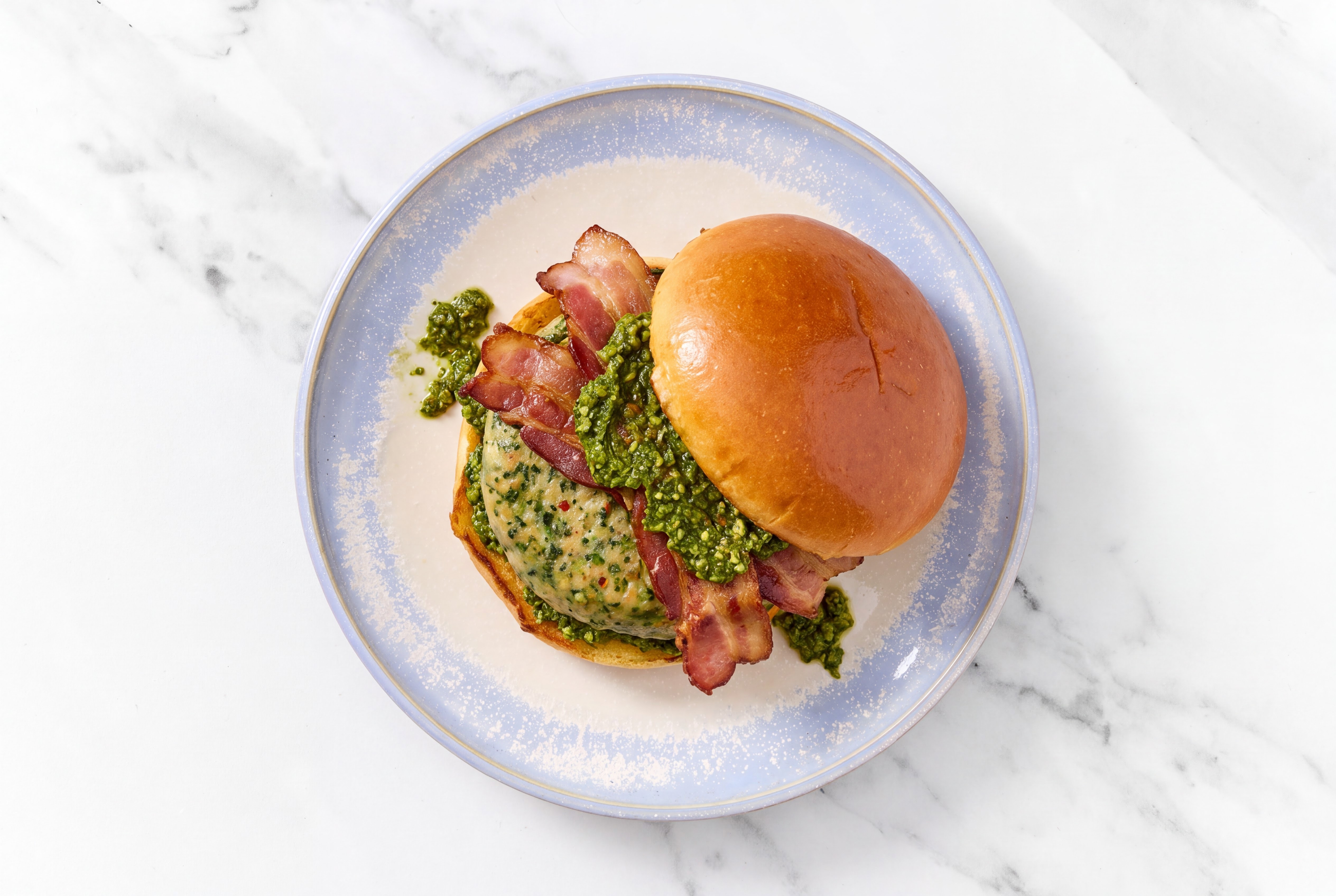 Garlic Turkey Burger Buns on Brioche with Spinach Pesto & Smoked Bacon