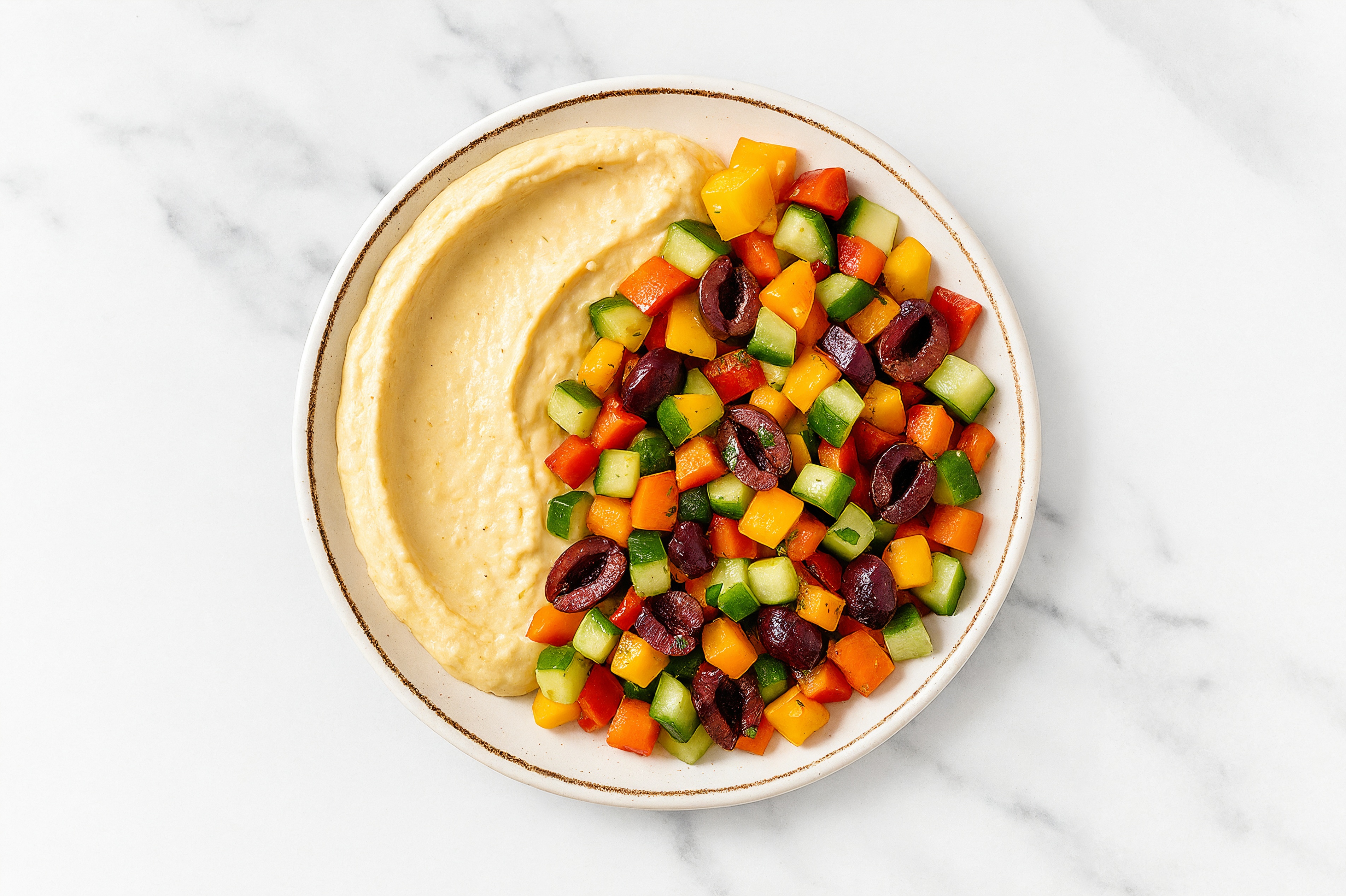 Olive Sweet Pepper Cucumber Bowl over Lemon Garlic Hummus