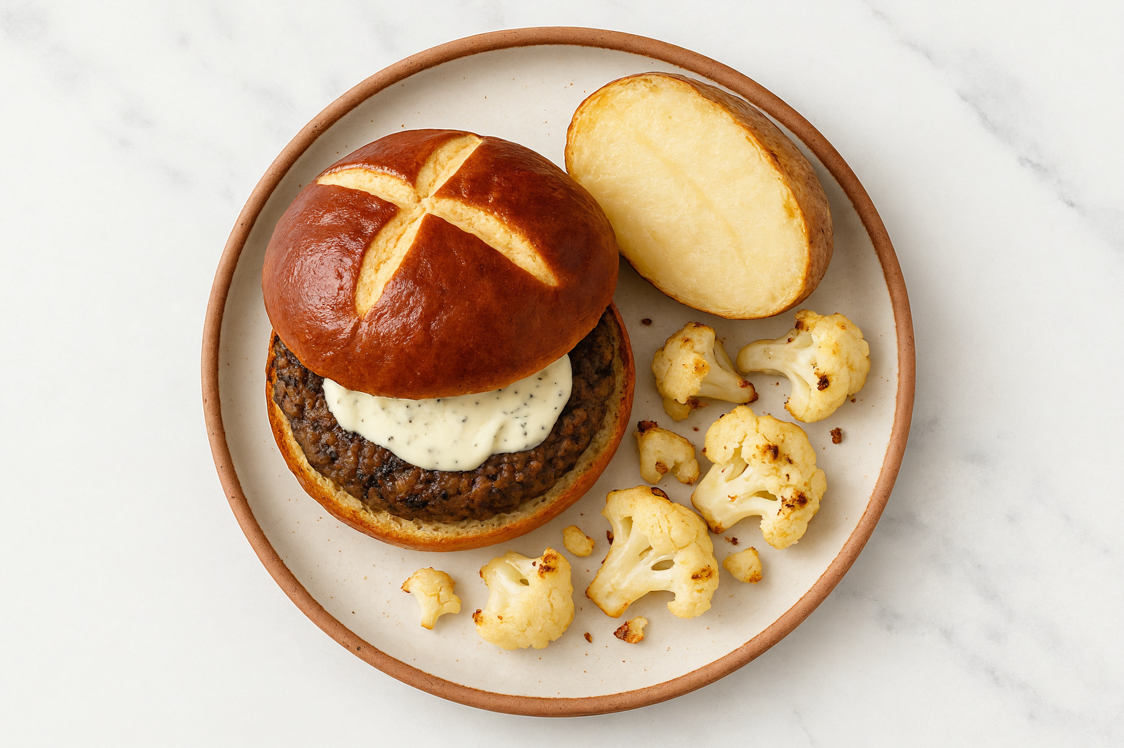 Ranch Black Bean Burger on Pretzel Bun with Cauliflower