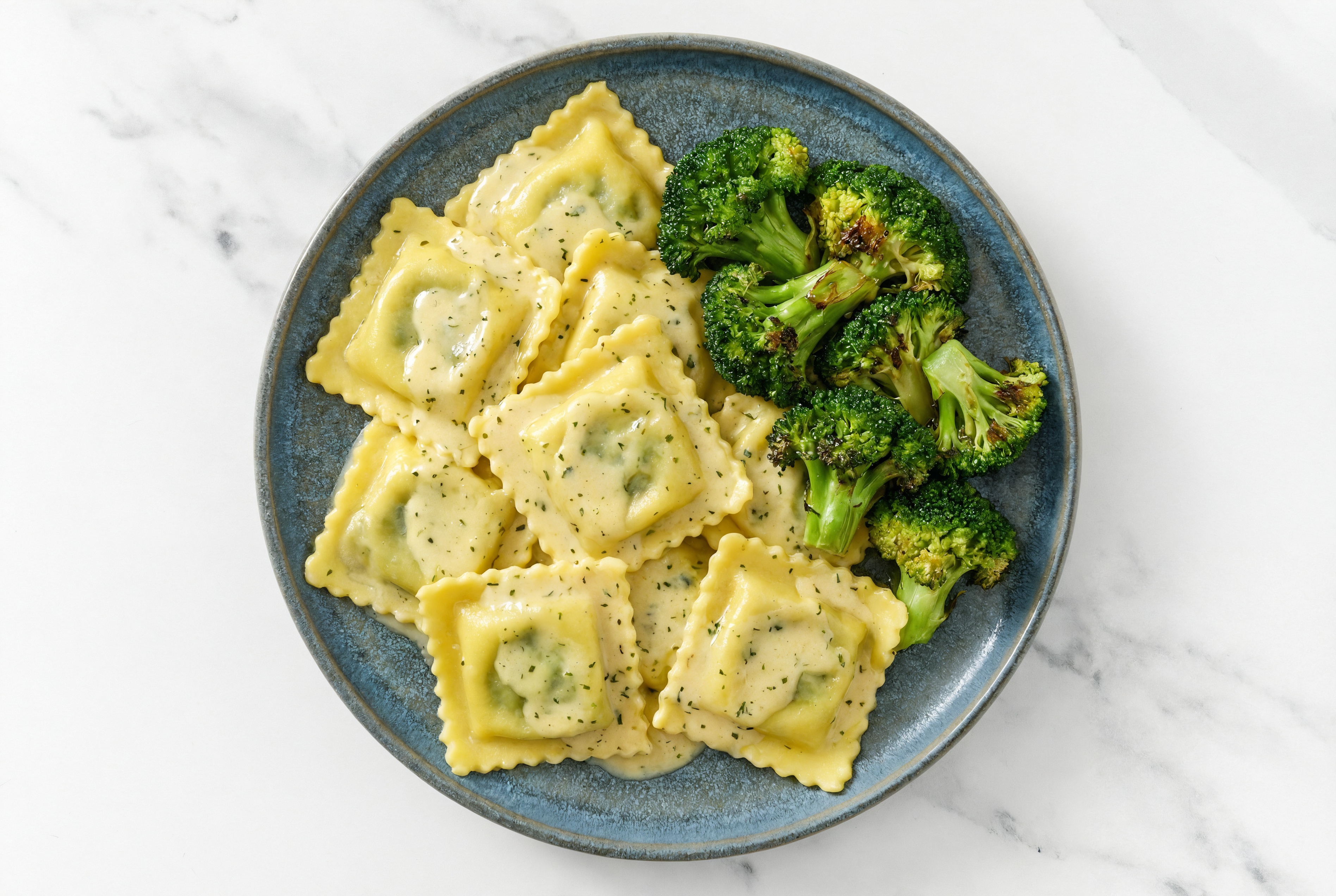 Creamy Organic Broccoli Ricotta Ravioli Herb Cream