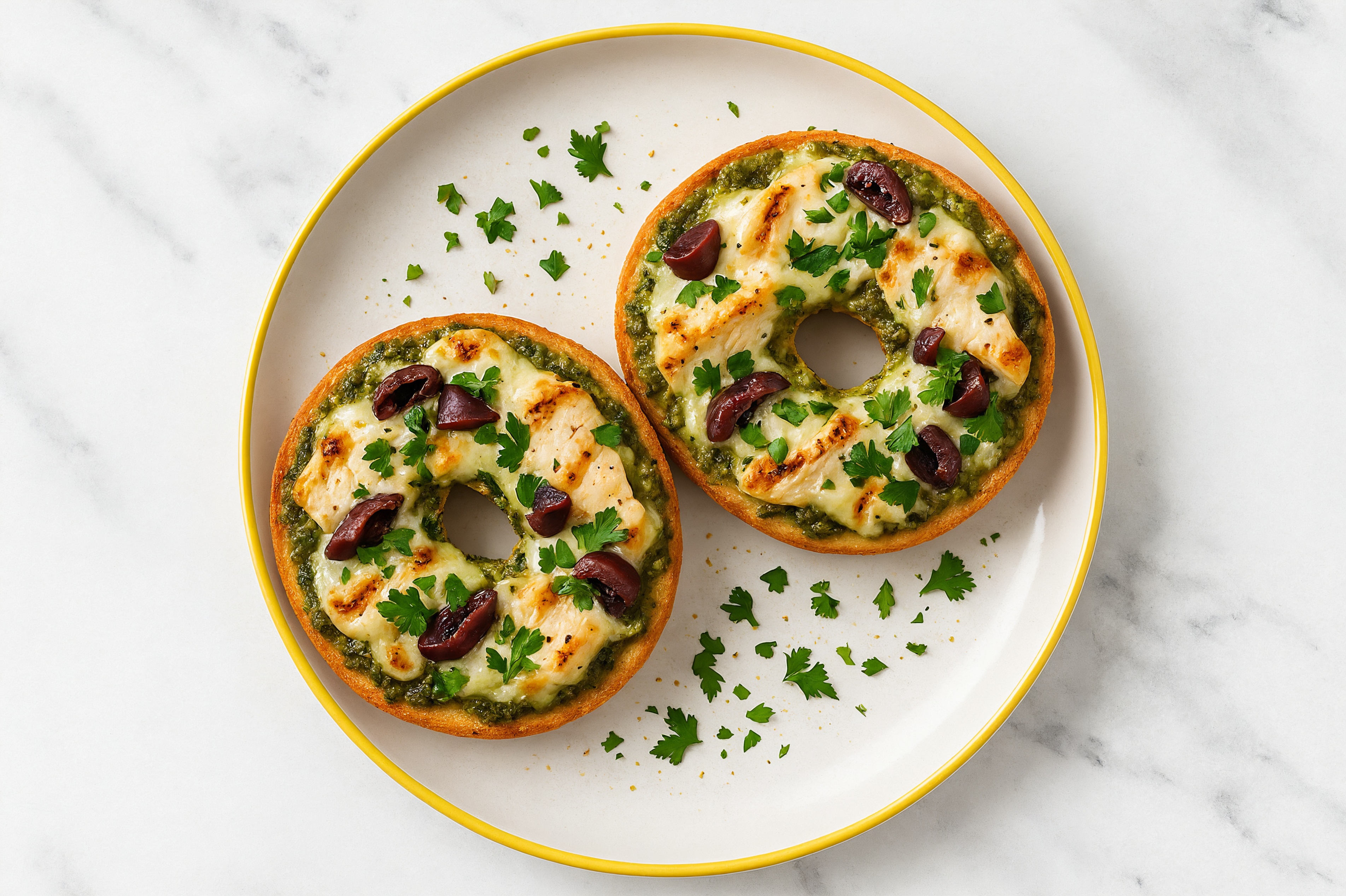 Pesto Grilled Chicken + Olives Pizza Gluten-Free Plain Bagels with Parsley