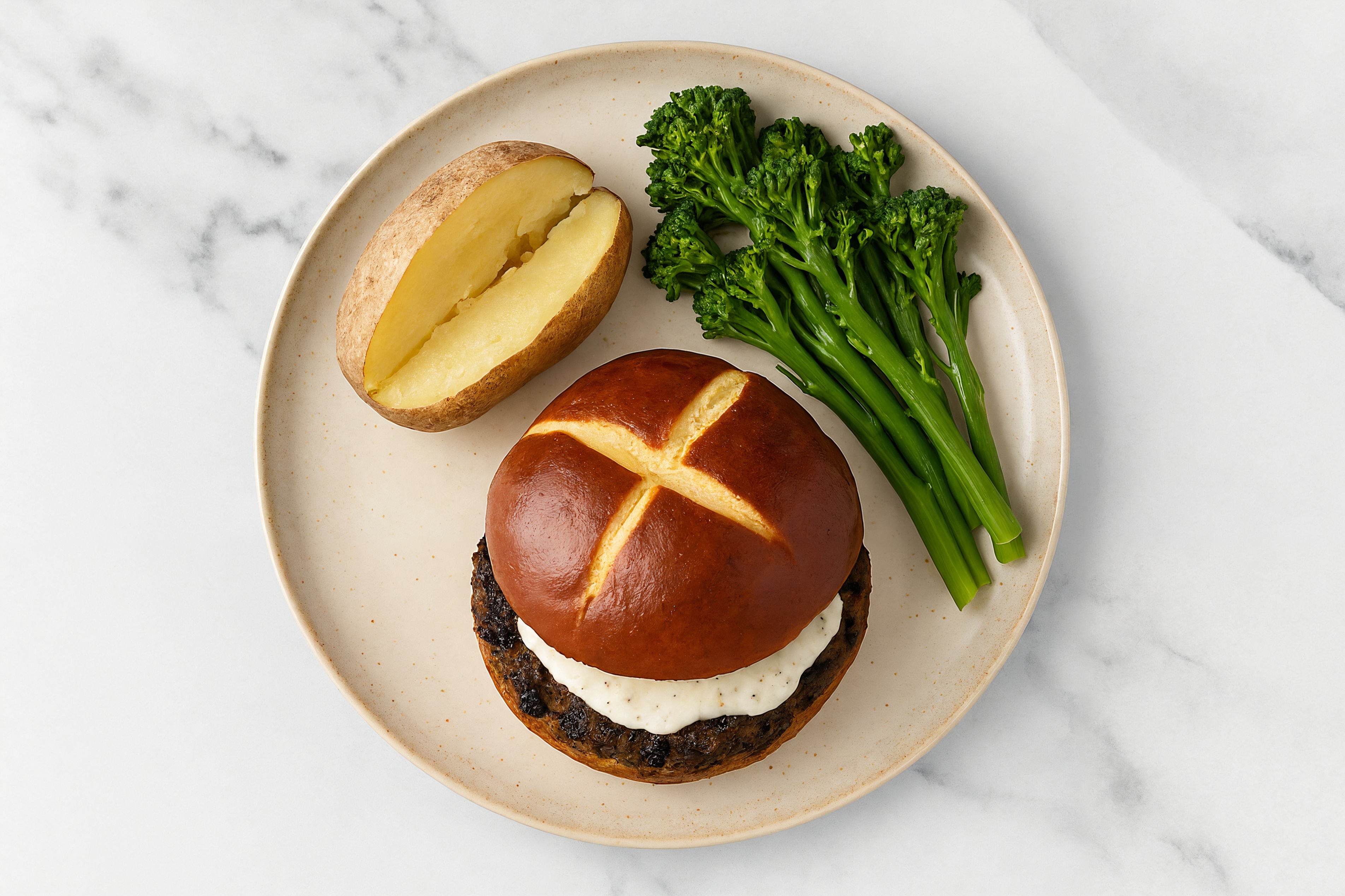 Ranch Black Bean Burger on Pretzel Bun with Baby Broccoli