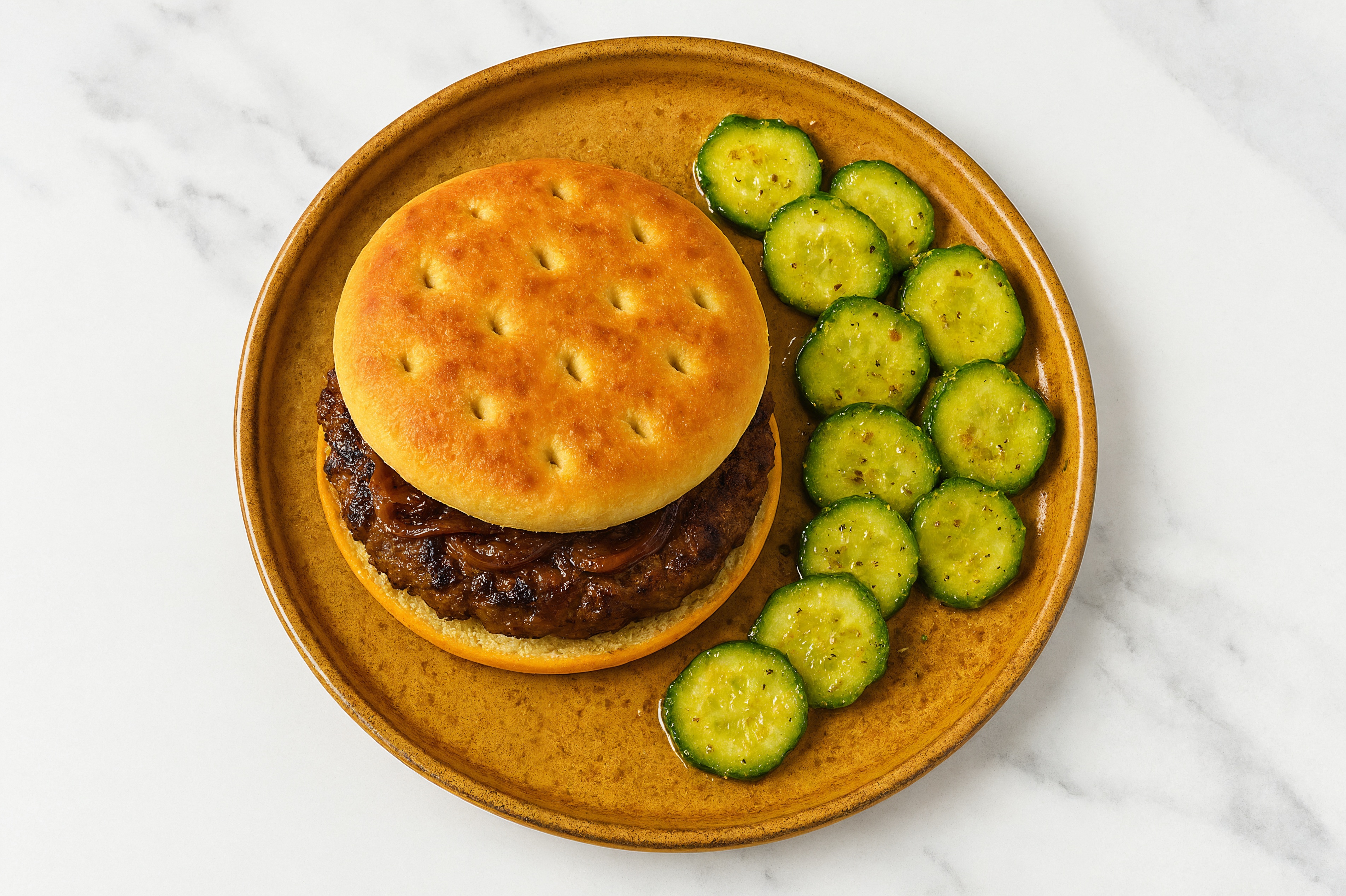Curry Onion Burger + Cucumber Salad with Wagyu Beef Patties