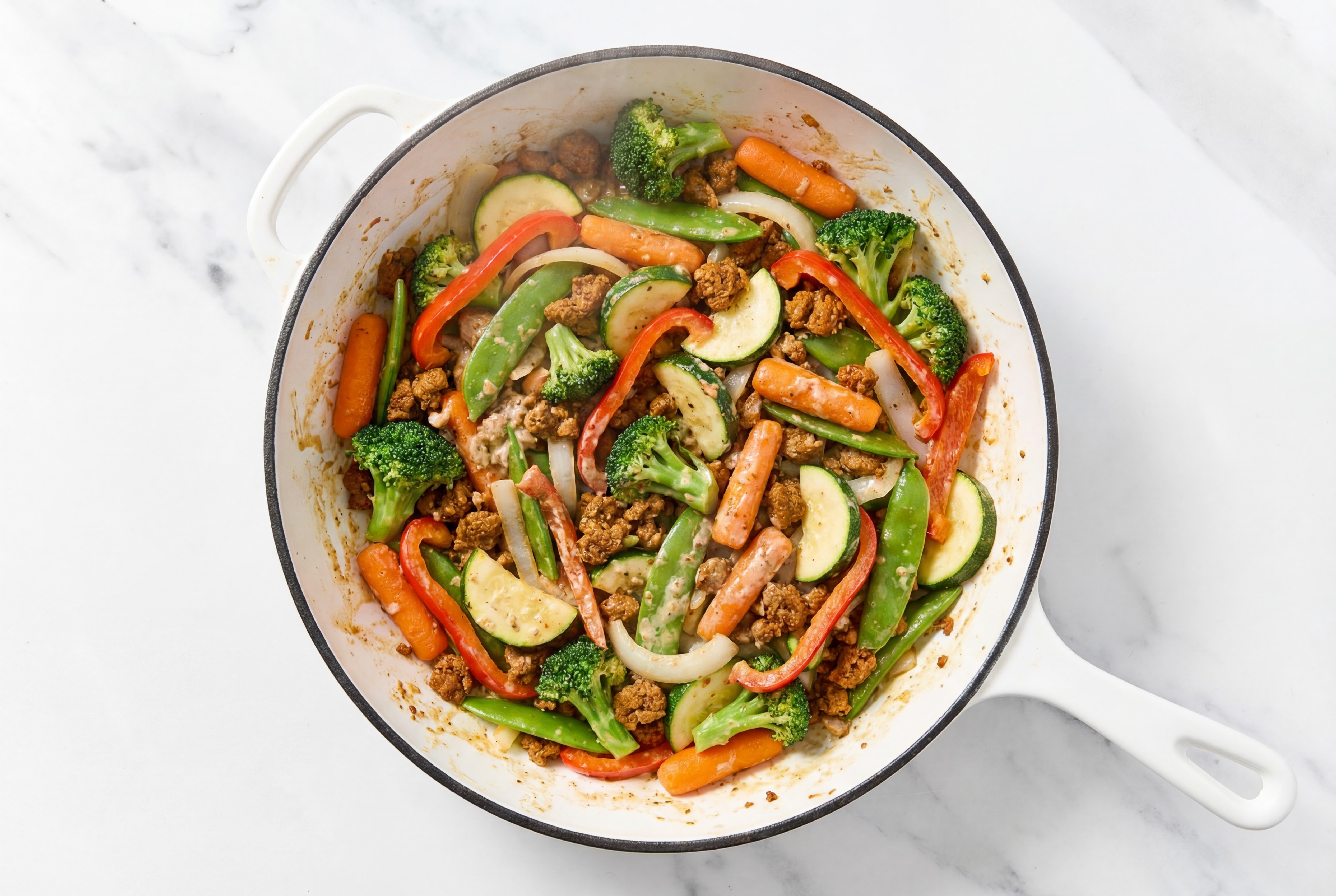 Veggie-Packed Stir-Fry with Chorizo & Vegan Caesar Sauce