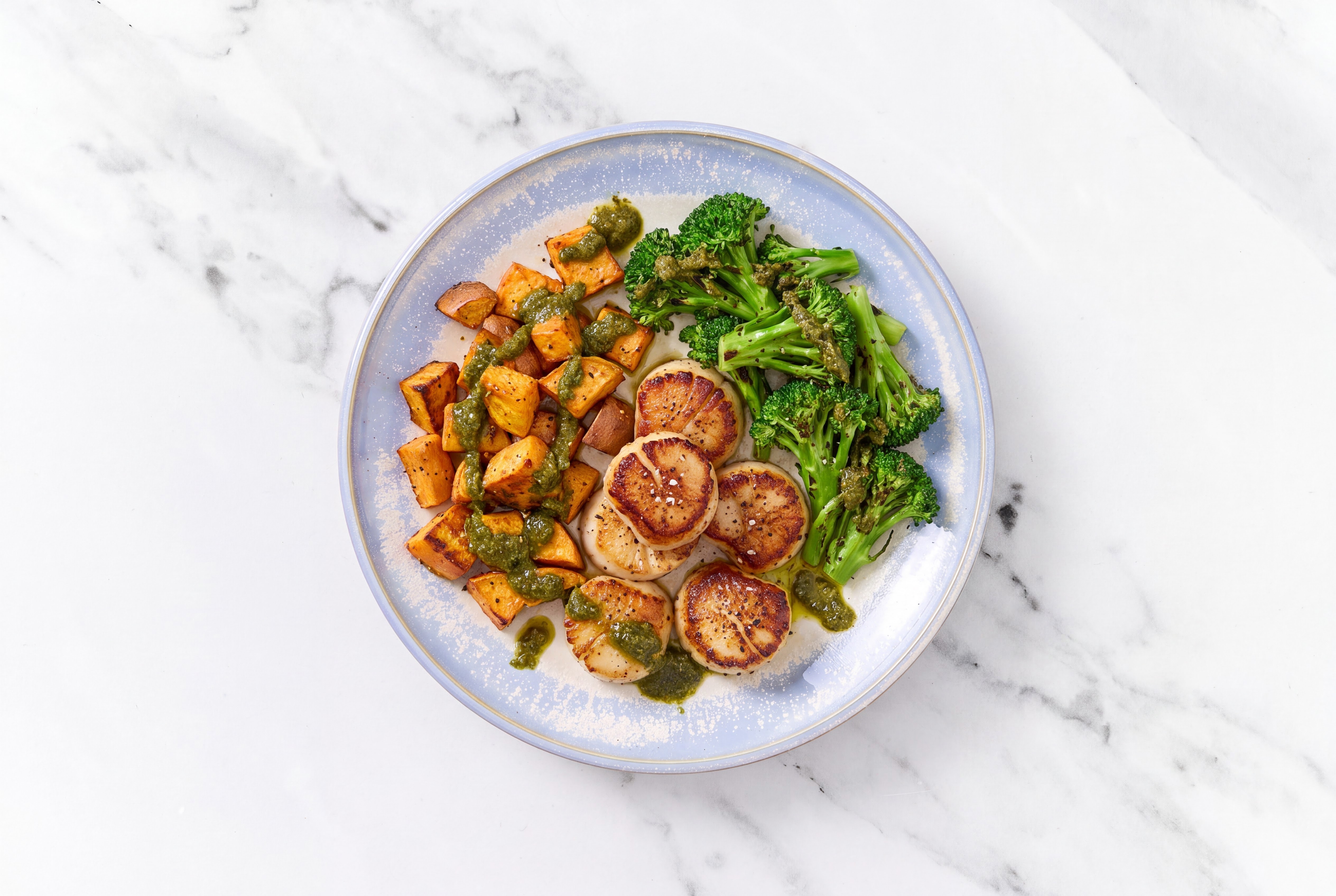Seared Zhoug Scallops + Crispy Sweet Potatoes