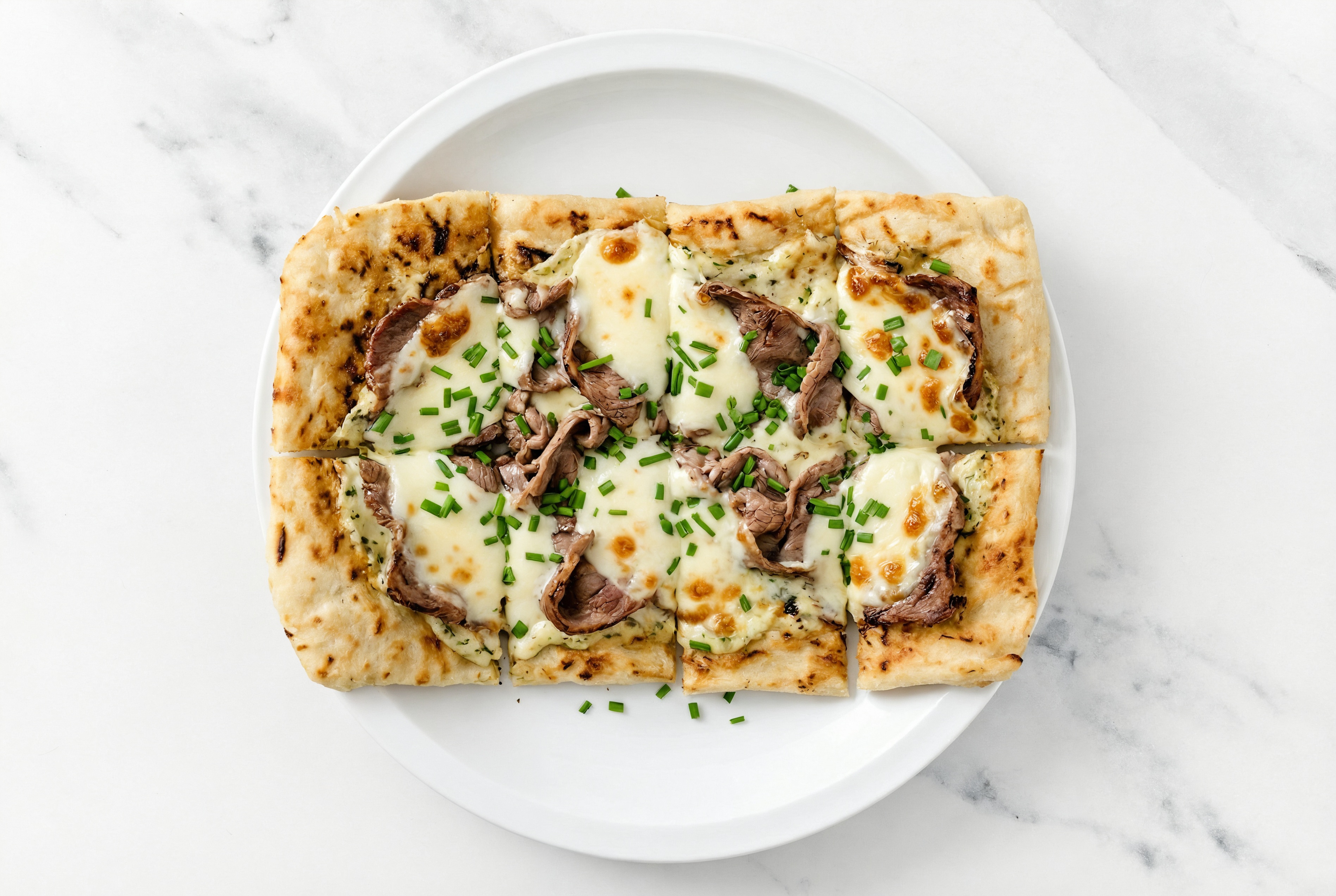 White Herb Shaved Steak Grilled Pizza with Fresh Mozz + Fresh Chives