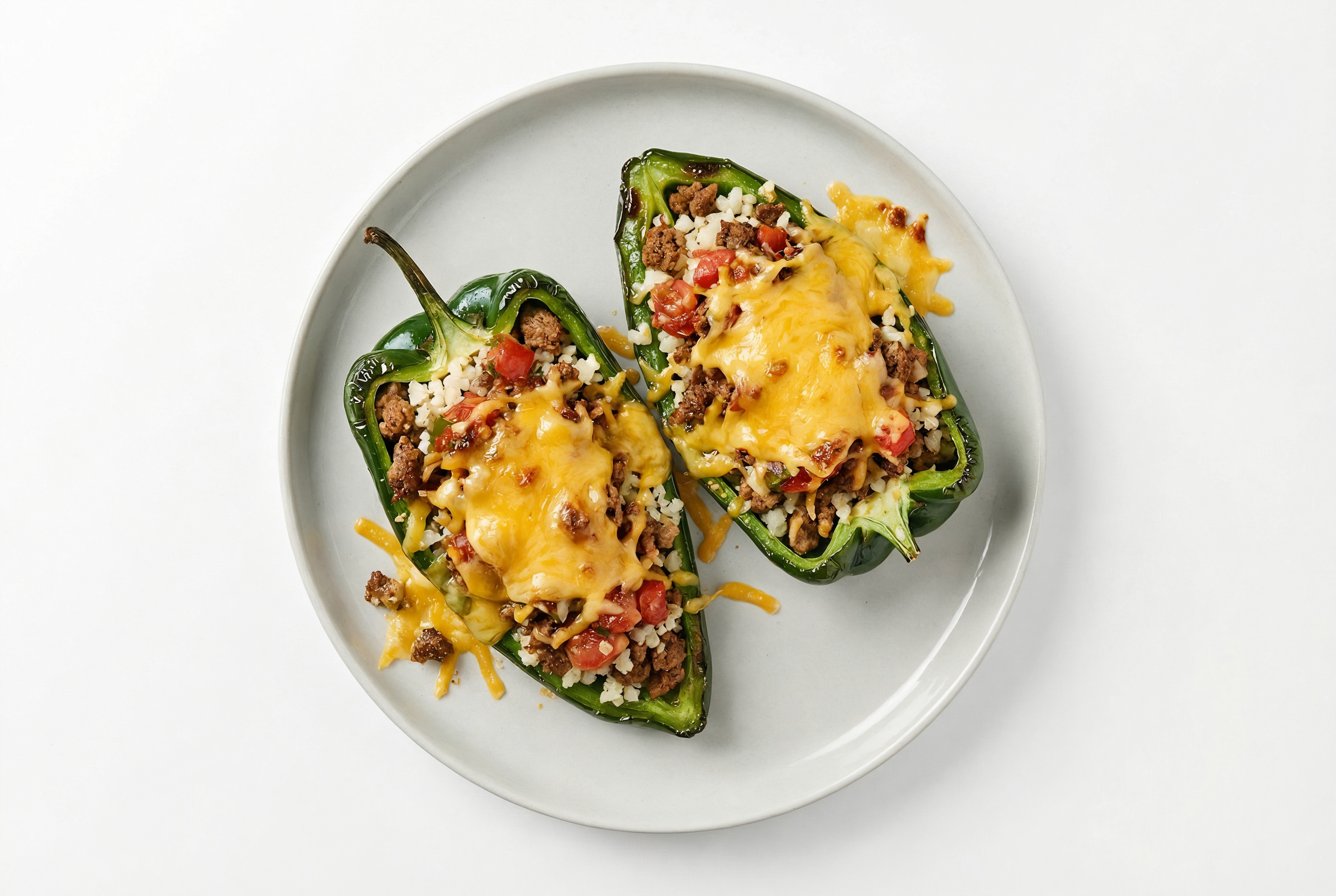Cheesy Tavern Beef Burger + Cauliflower Stuffed Poblano Peppers