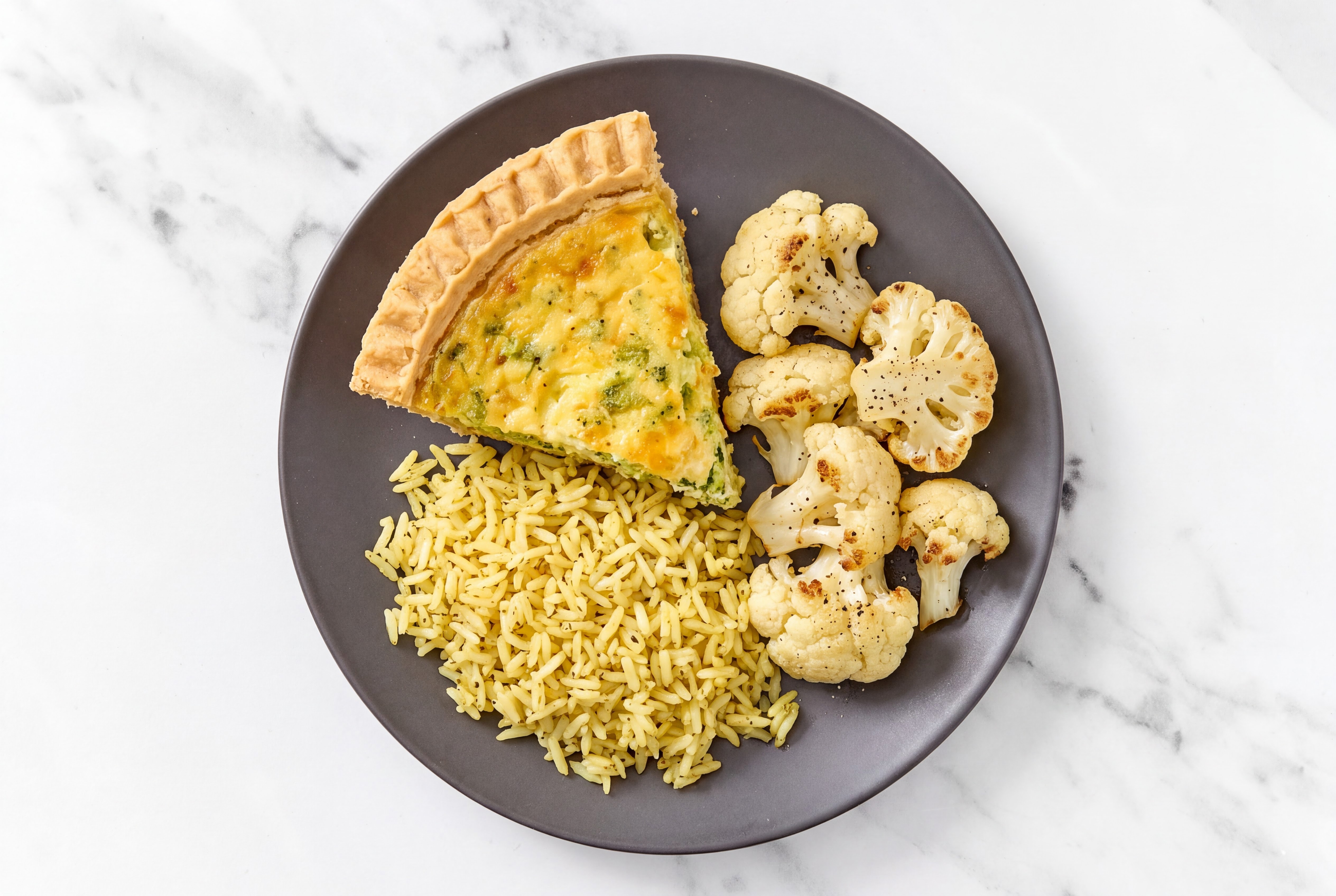 Broccoli & Cheddar Quiche with Cauliflower Florets & Jasmine Rice