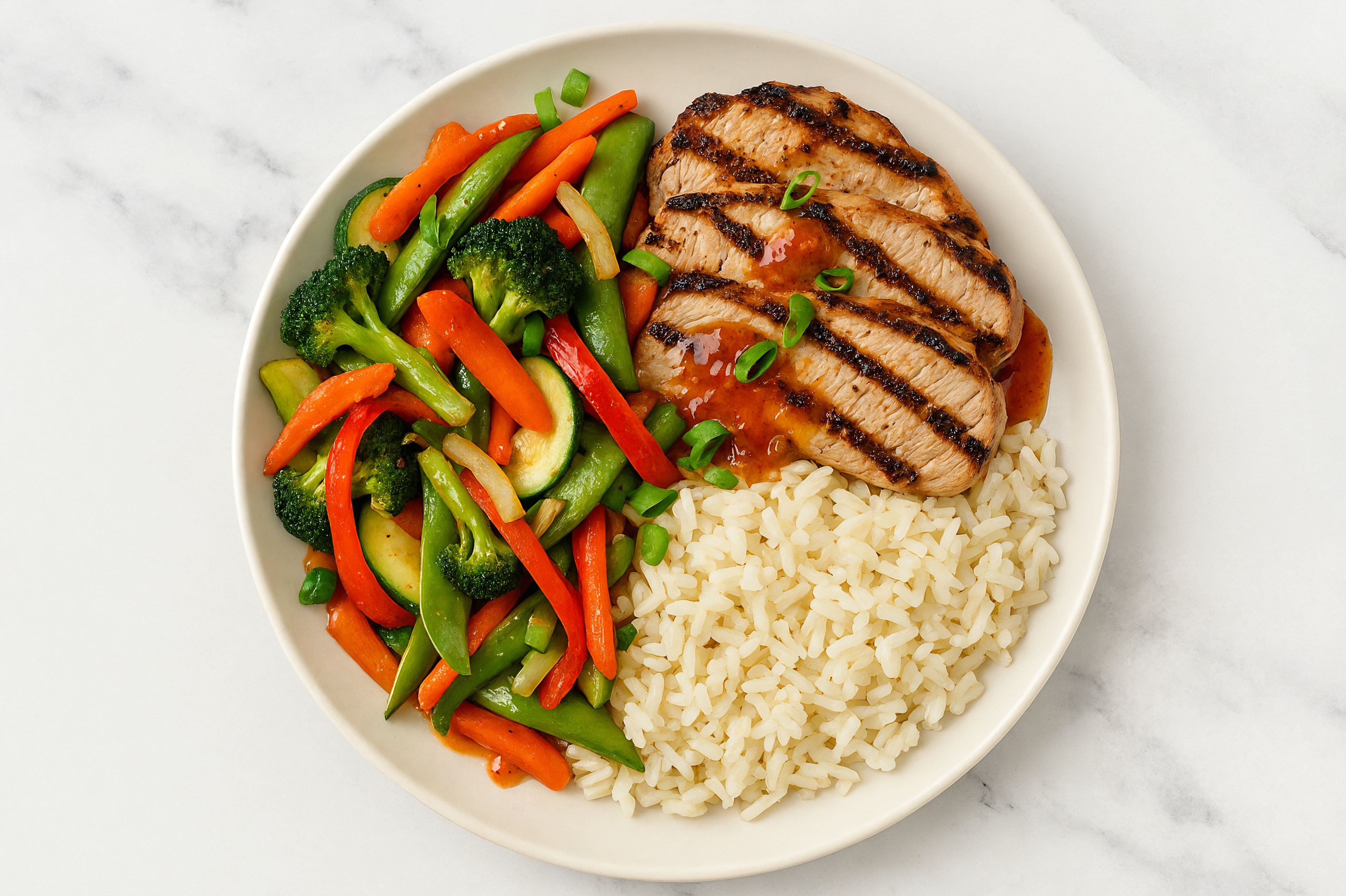 Grilled Pork Chops + Rice, Seven Veggie Stir-Fry, Scallions + Sweet Chili Lime Bowl