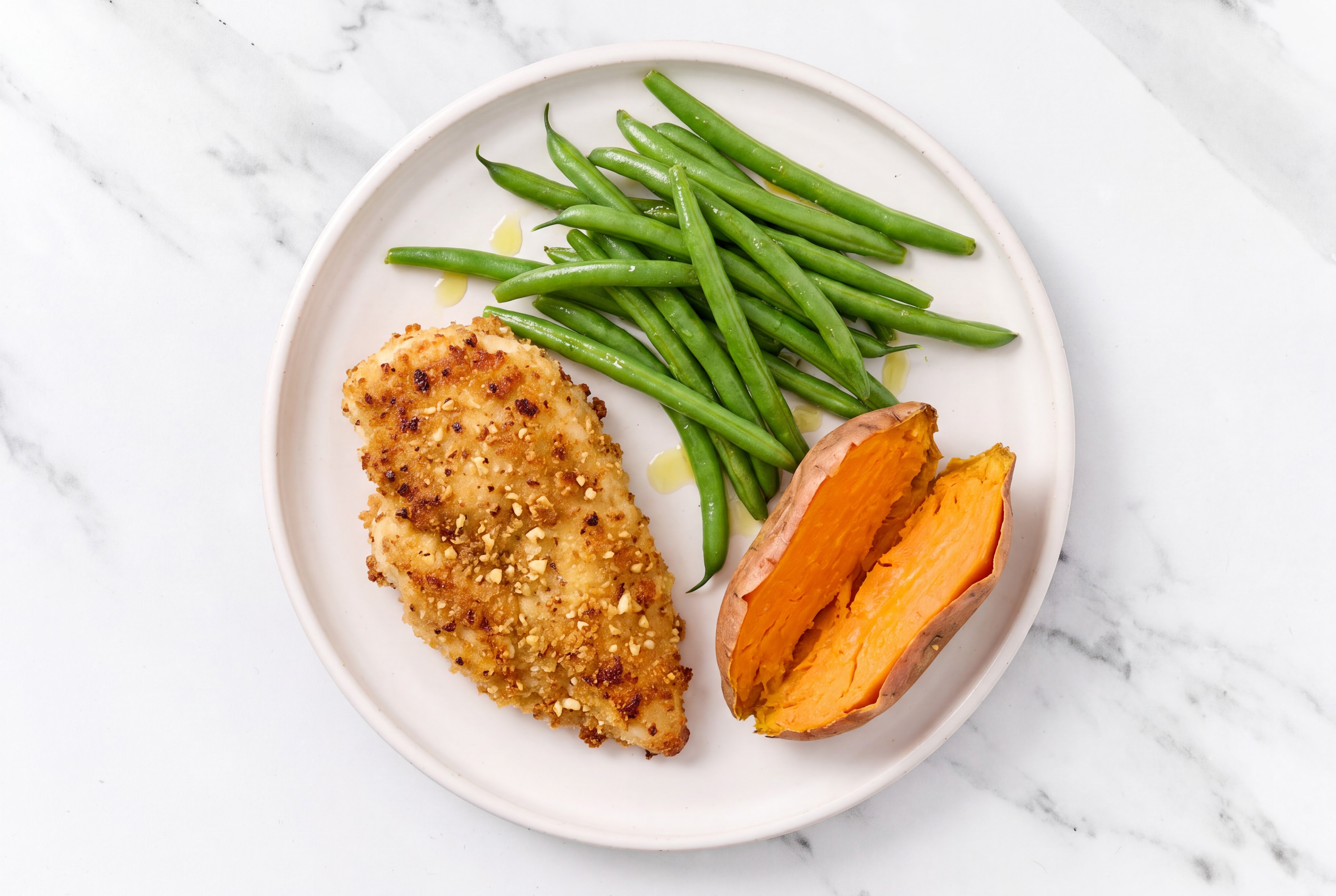 Parmesan Breaded Chicken Cutlet with Organic Green Beans & Sweet Potato