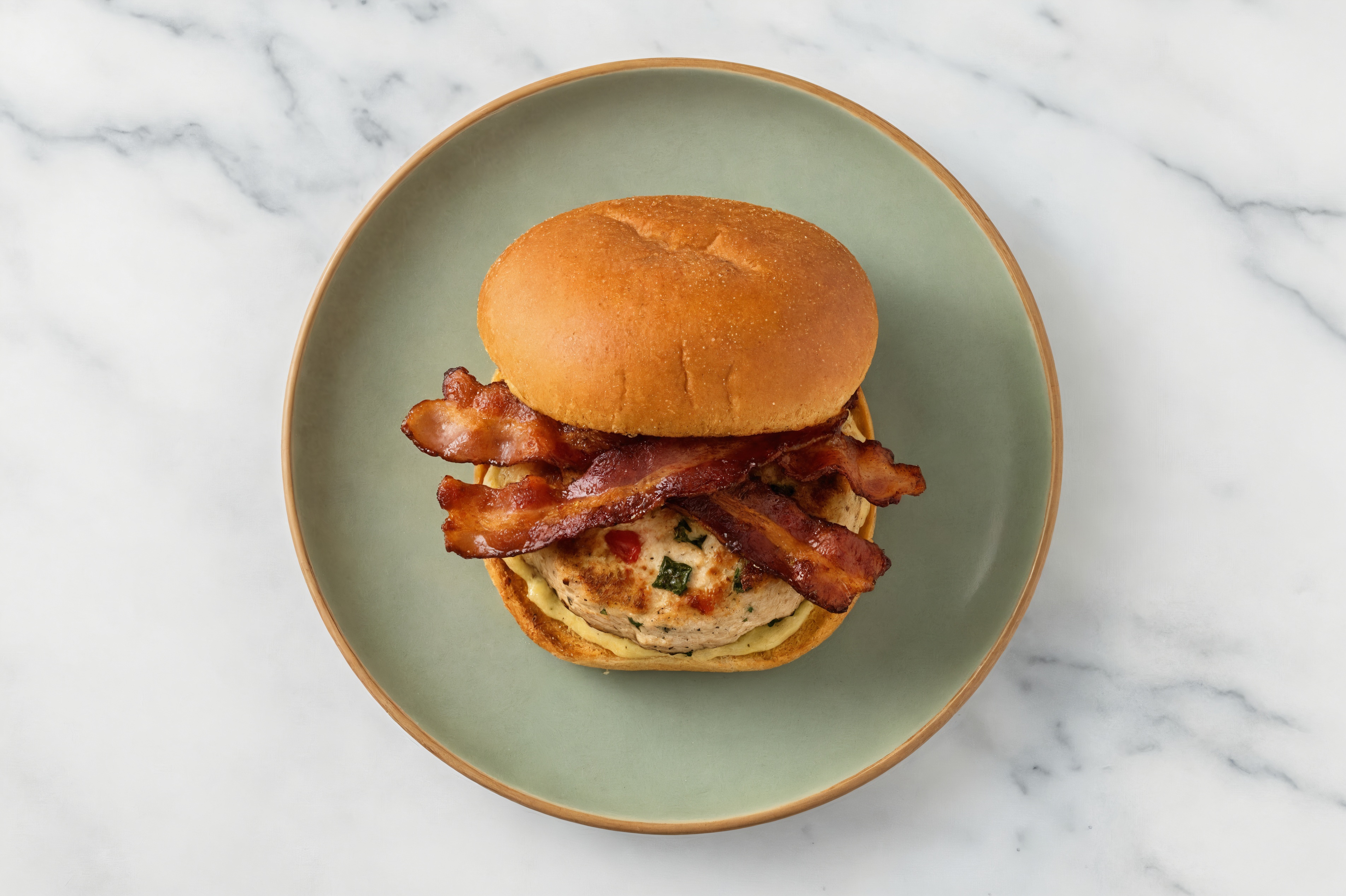 Applewood Smoked Pork Bacon Chicken Burger on GF Bun with Honey Mustard