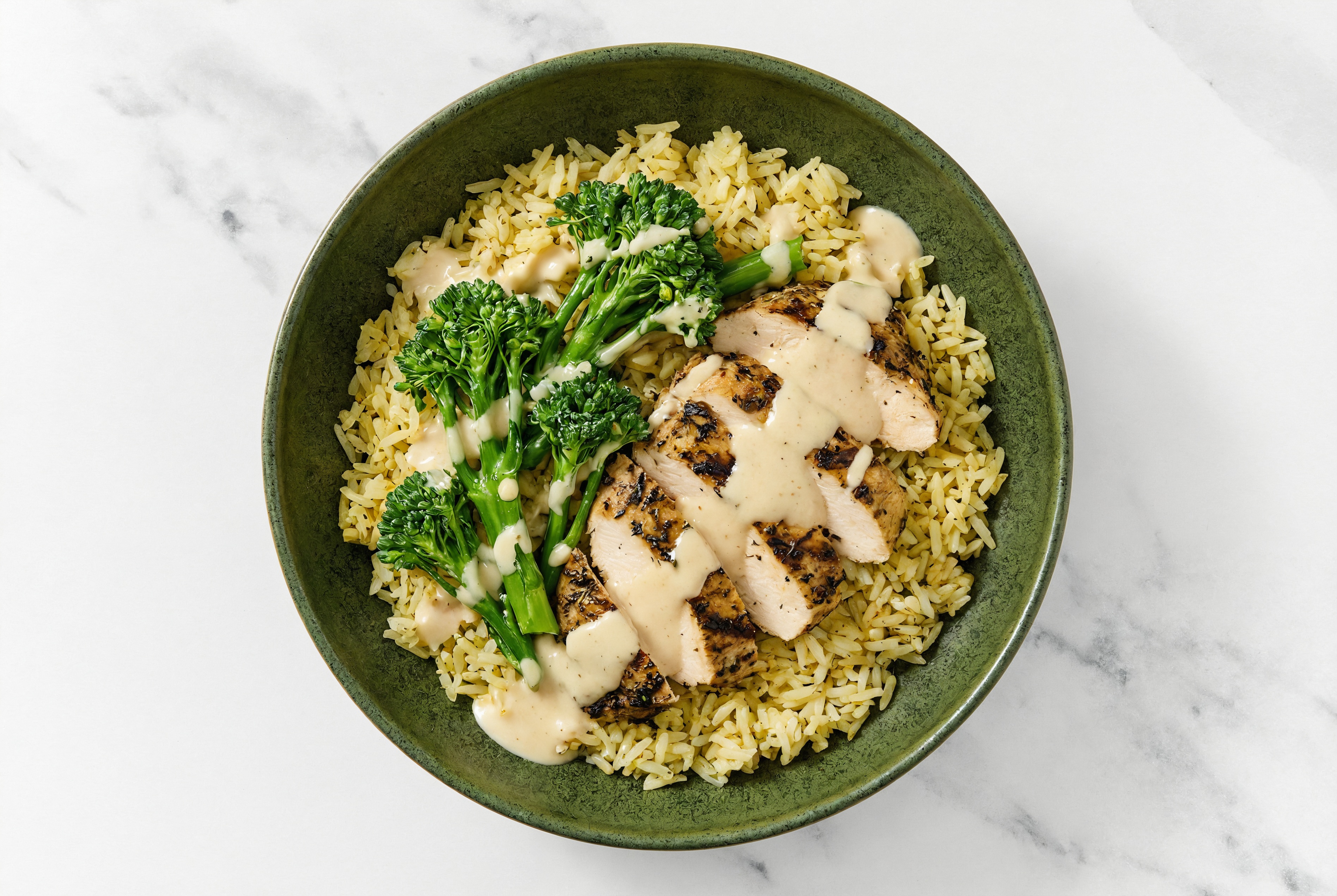 Creamy Miso Caesar Mediterranean Grilled Chicken Breast + Broccoli Seasoned Jasmine Rice Bowl