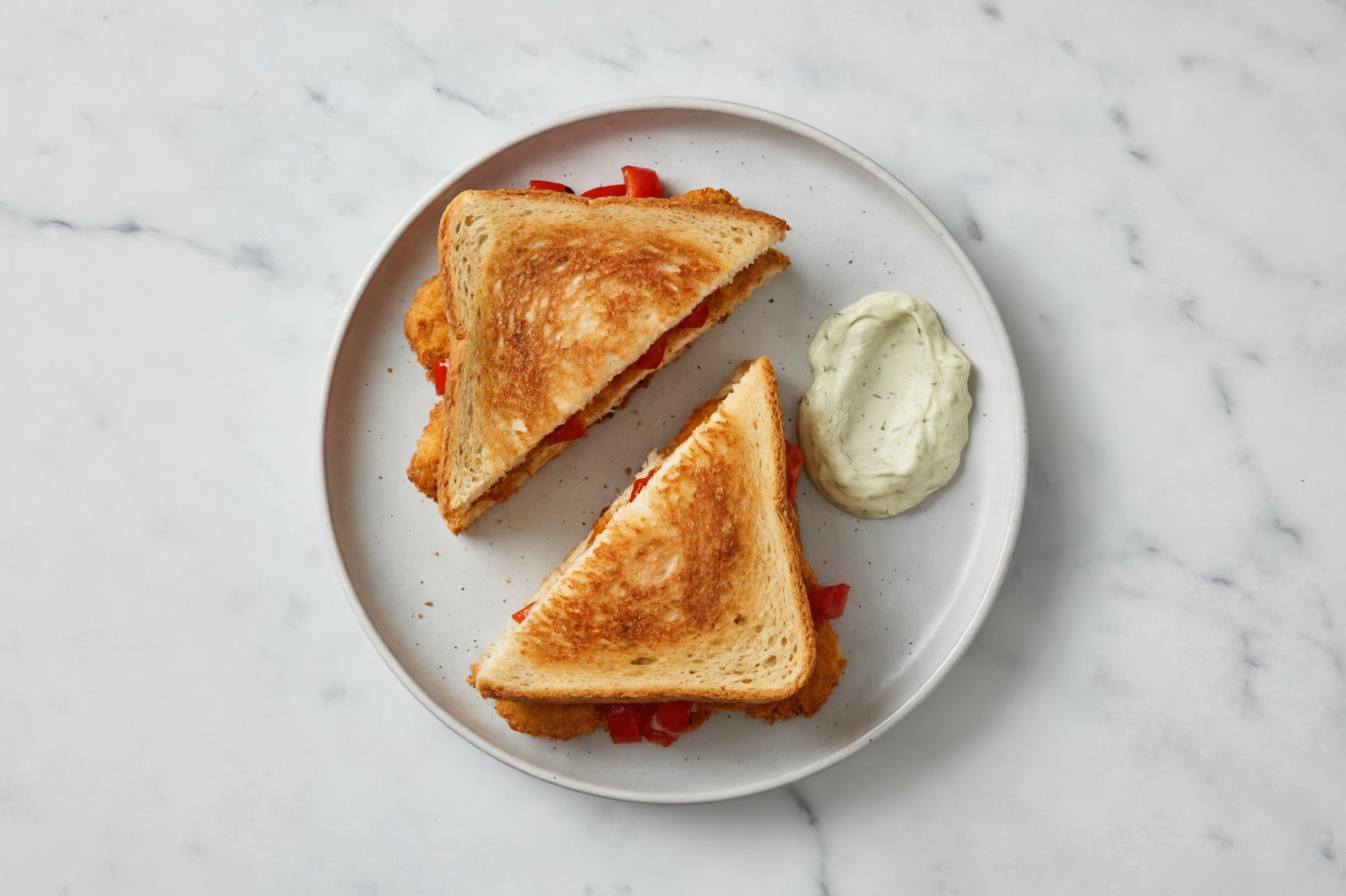 Dill Pickle "Chicken" Tenders Sandwich with Roasted Peppers on Honey White Bread
