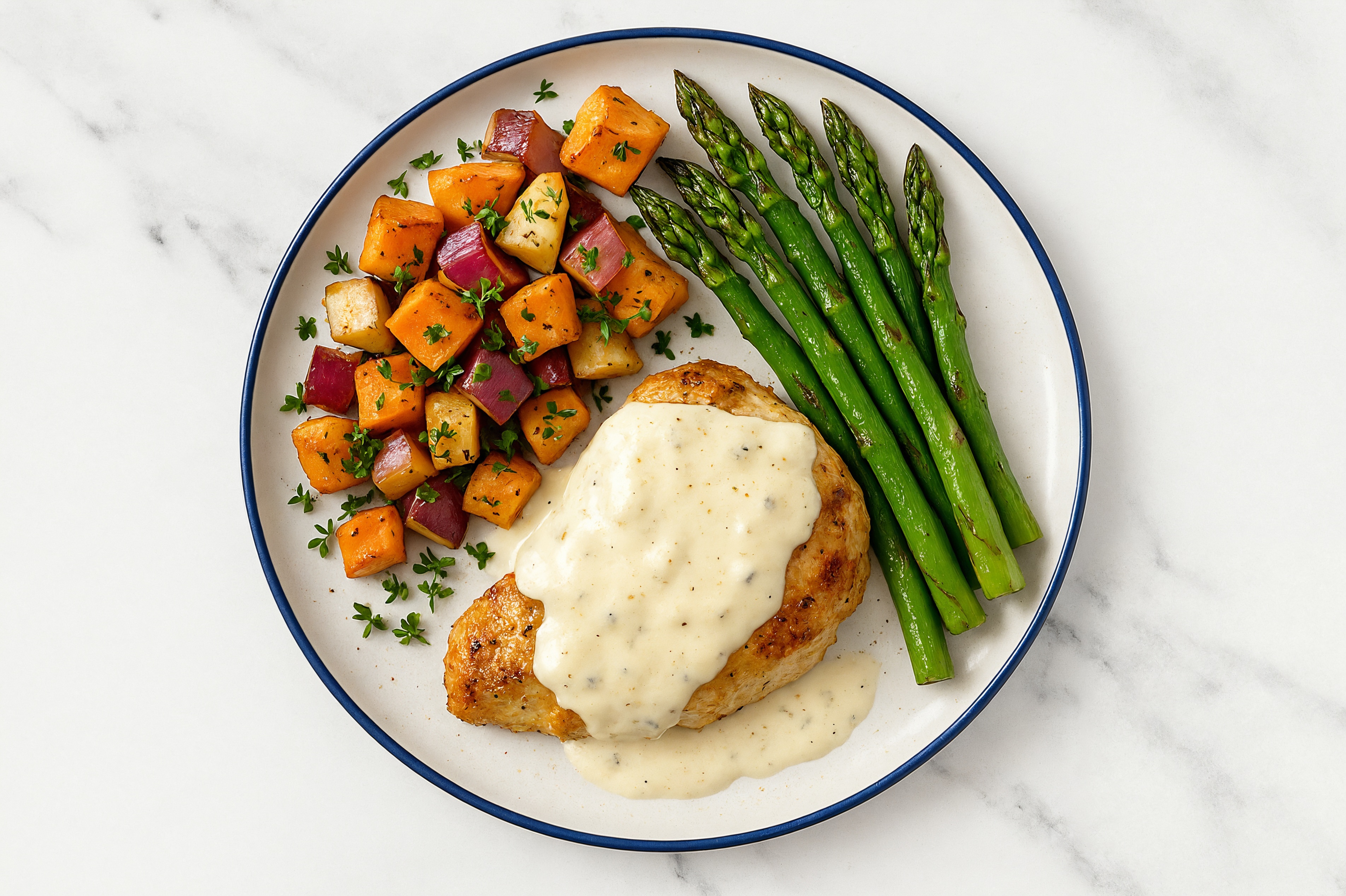 Creamy Parmesan Smothered Chicken Thighs with Asparagus & Roasted Vegetables