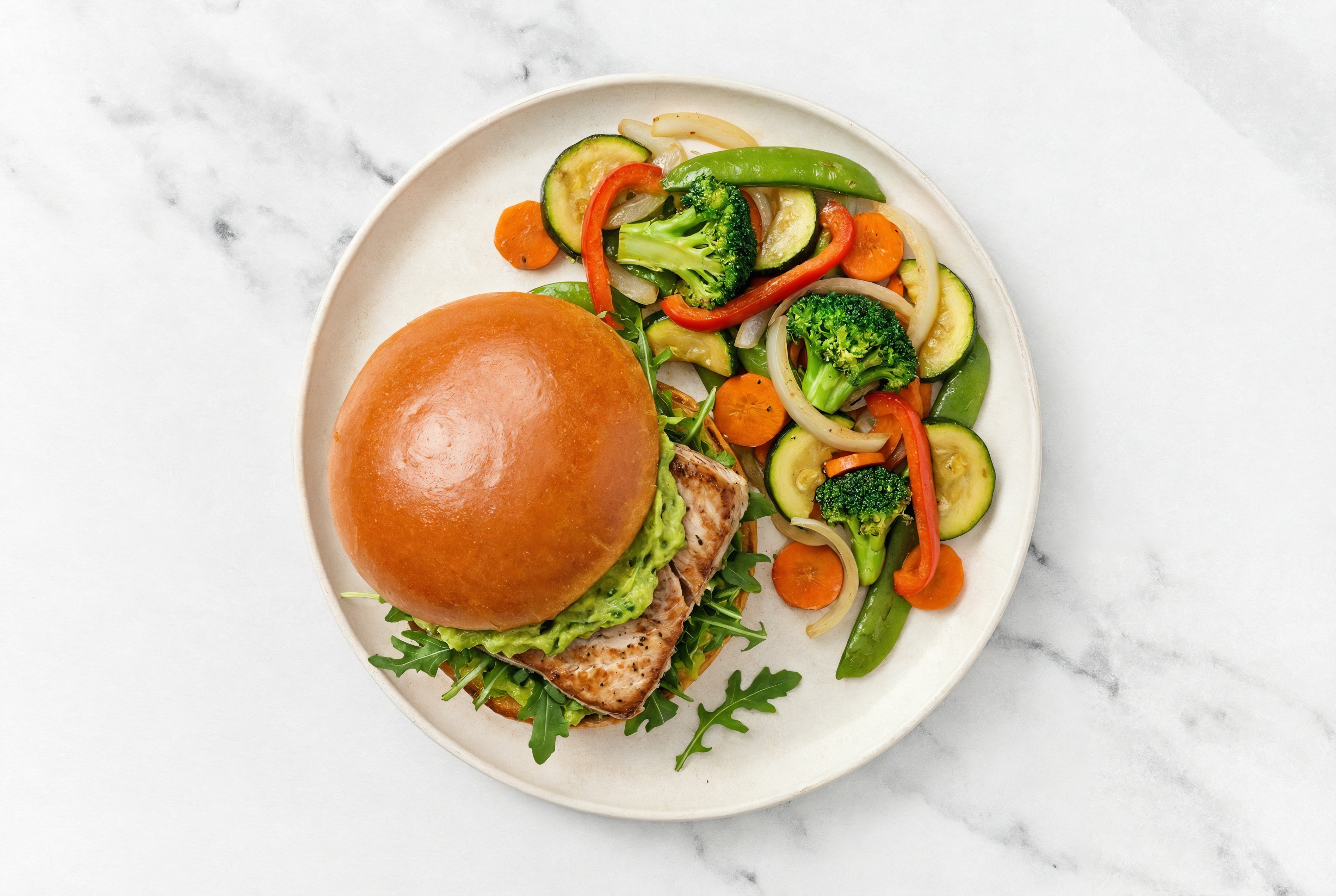 Guac' Tuna Sandwich on Brioche with Arugula + Mixed Veggies