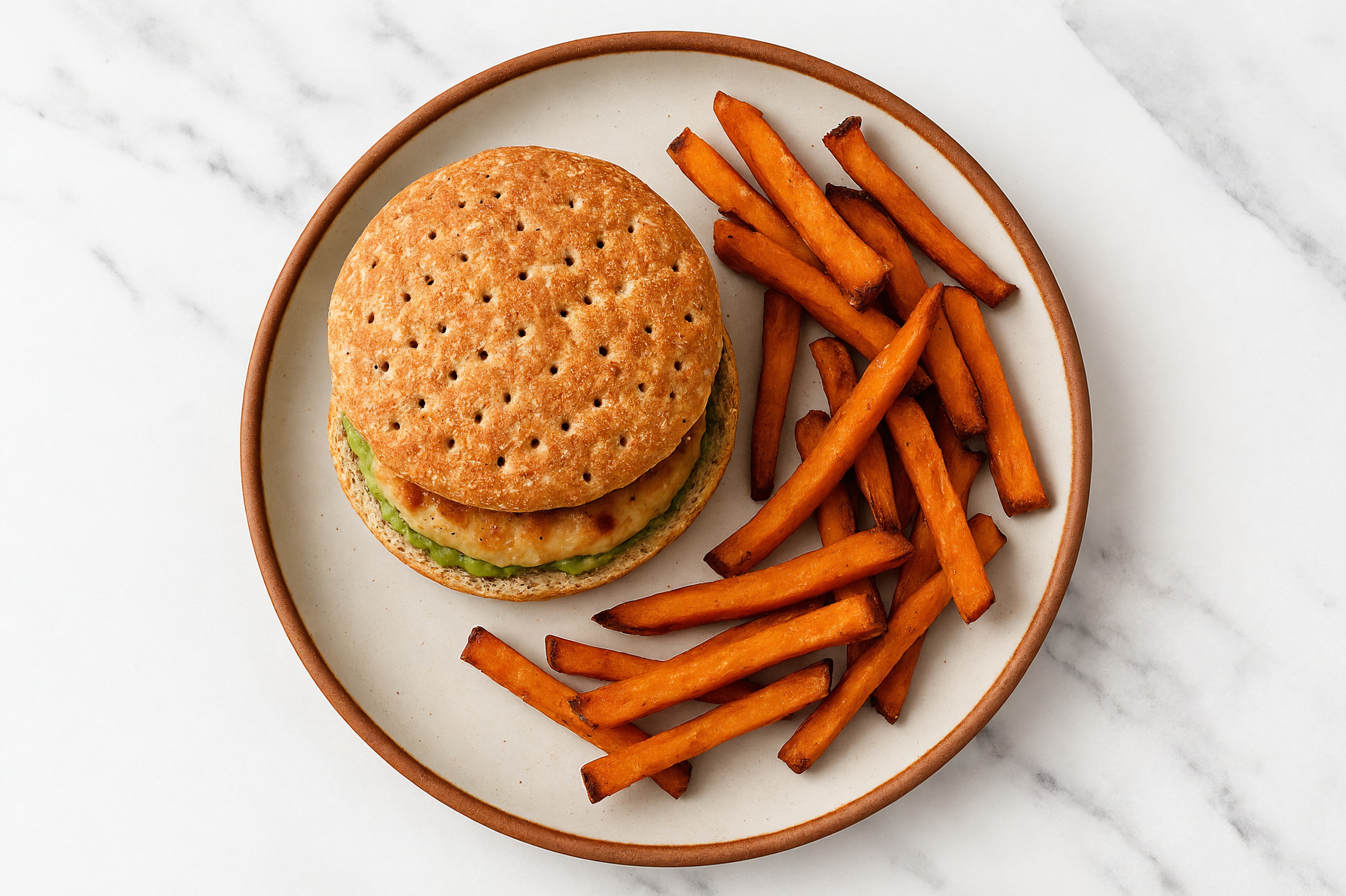 Chicken Bacon Guacamole Burger + Sweet Potato Fries