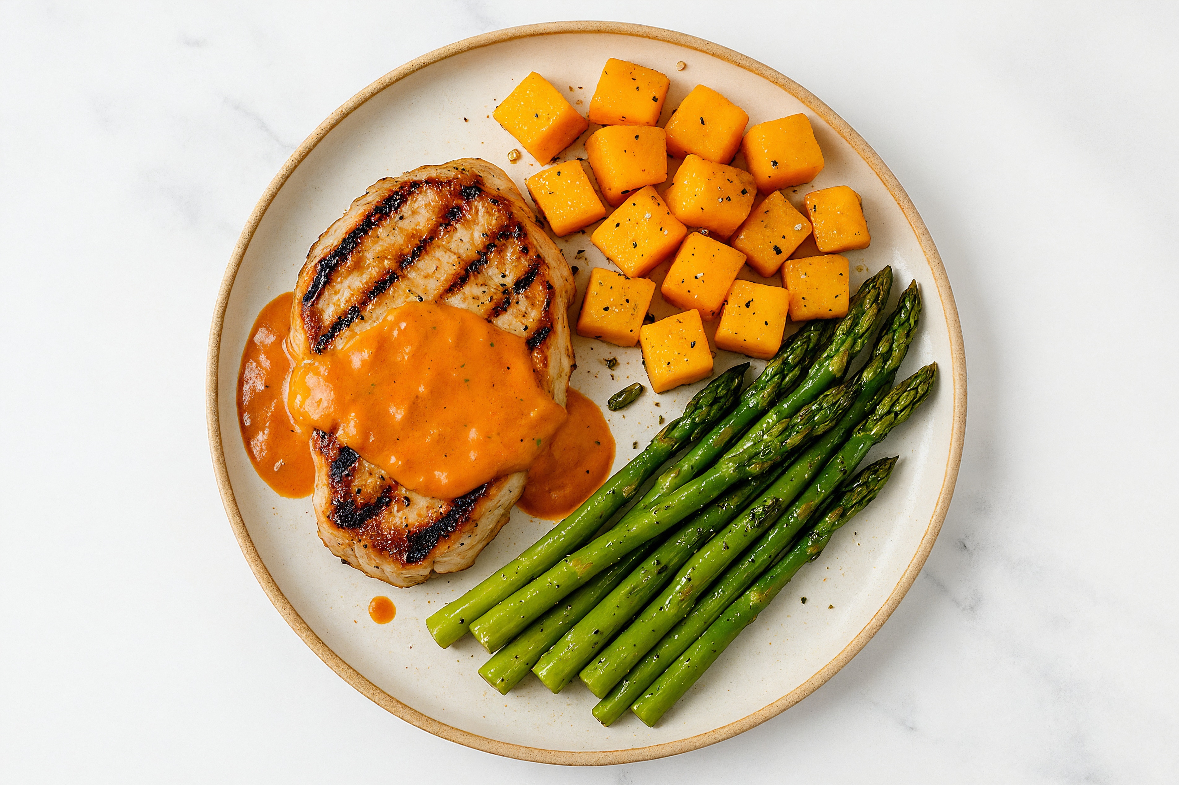 Creamy Vodka Smothered Pork Chops with Asparagus & Roasted Butternut Squash