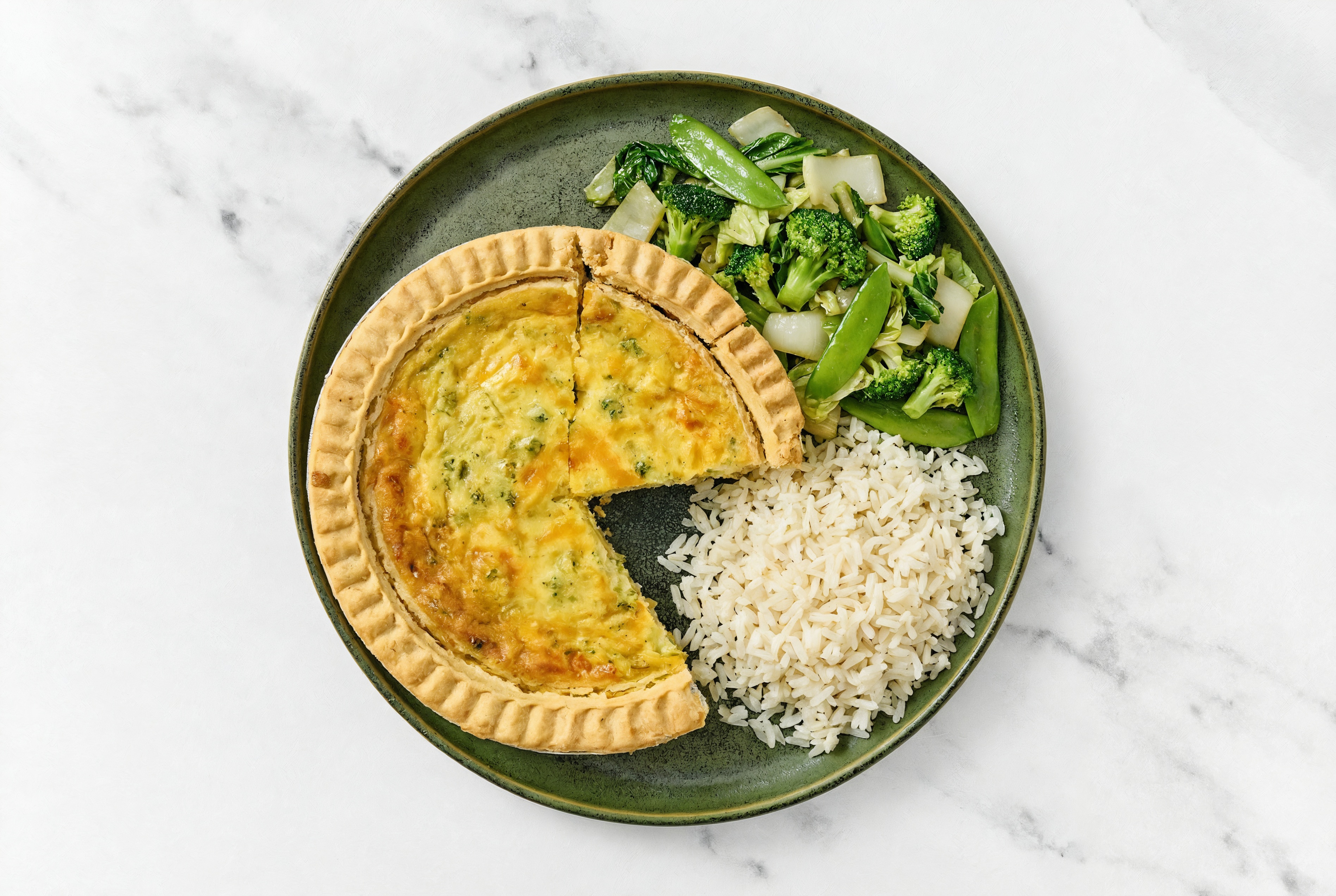 Broccoli & Cheddar Quiche with Bok Choy & White Rice