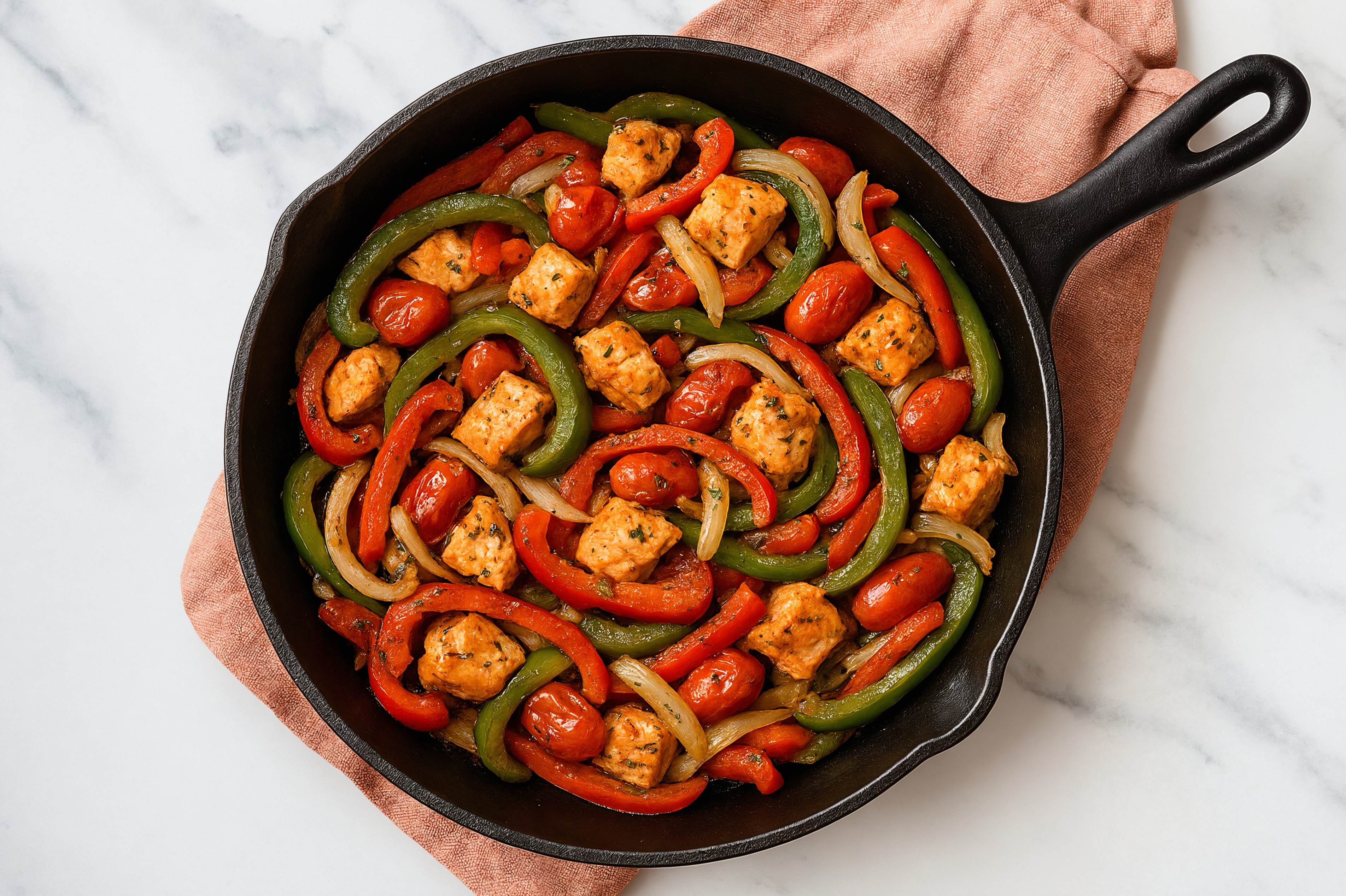 Salmon with Bell Pepper Onion Saute + Garlic + Herb
