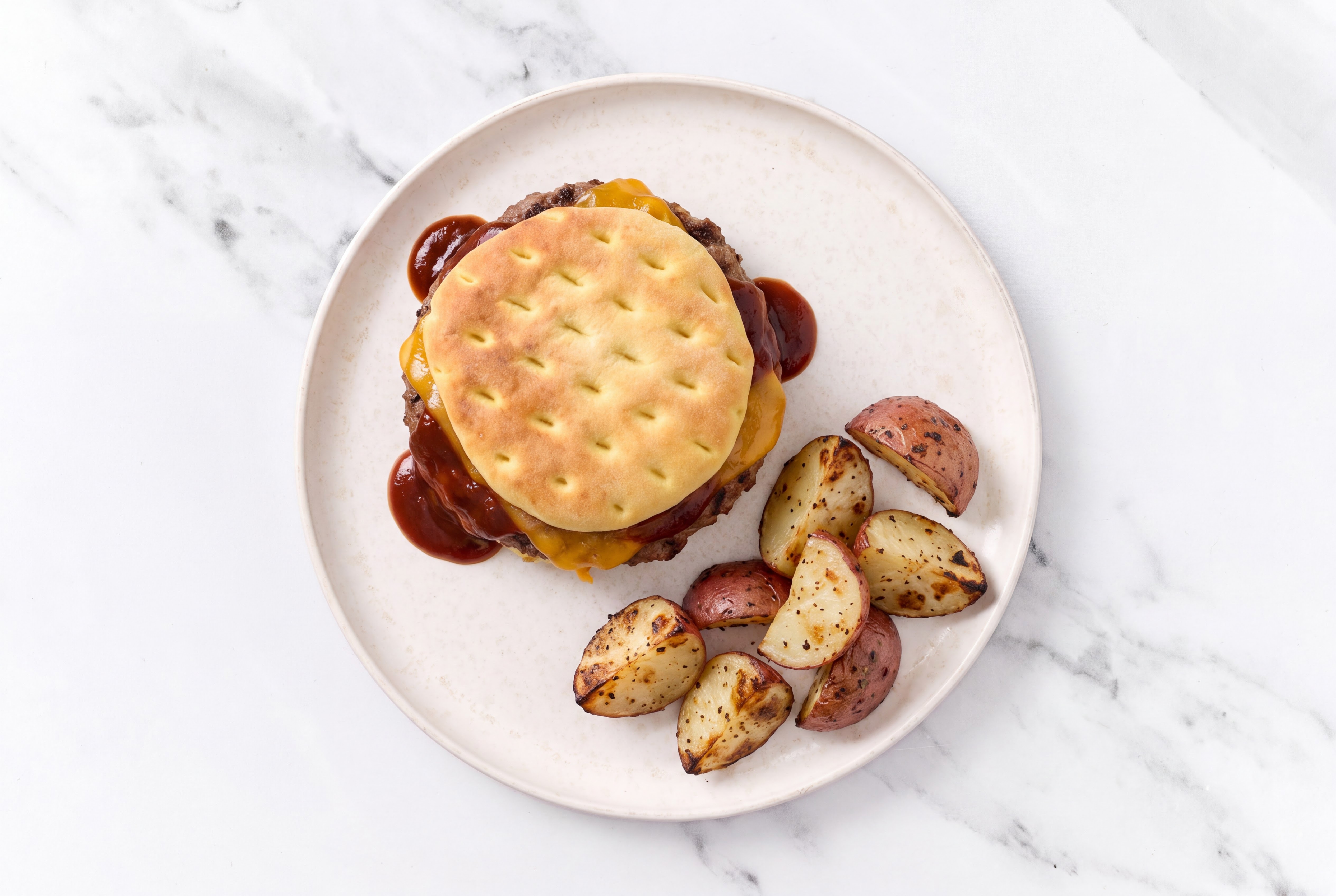 BBQ Grilled Beef Cheeseburger + Red Potatoes