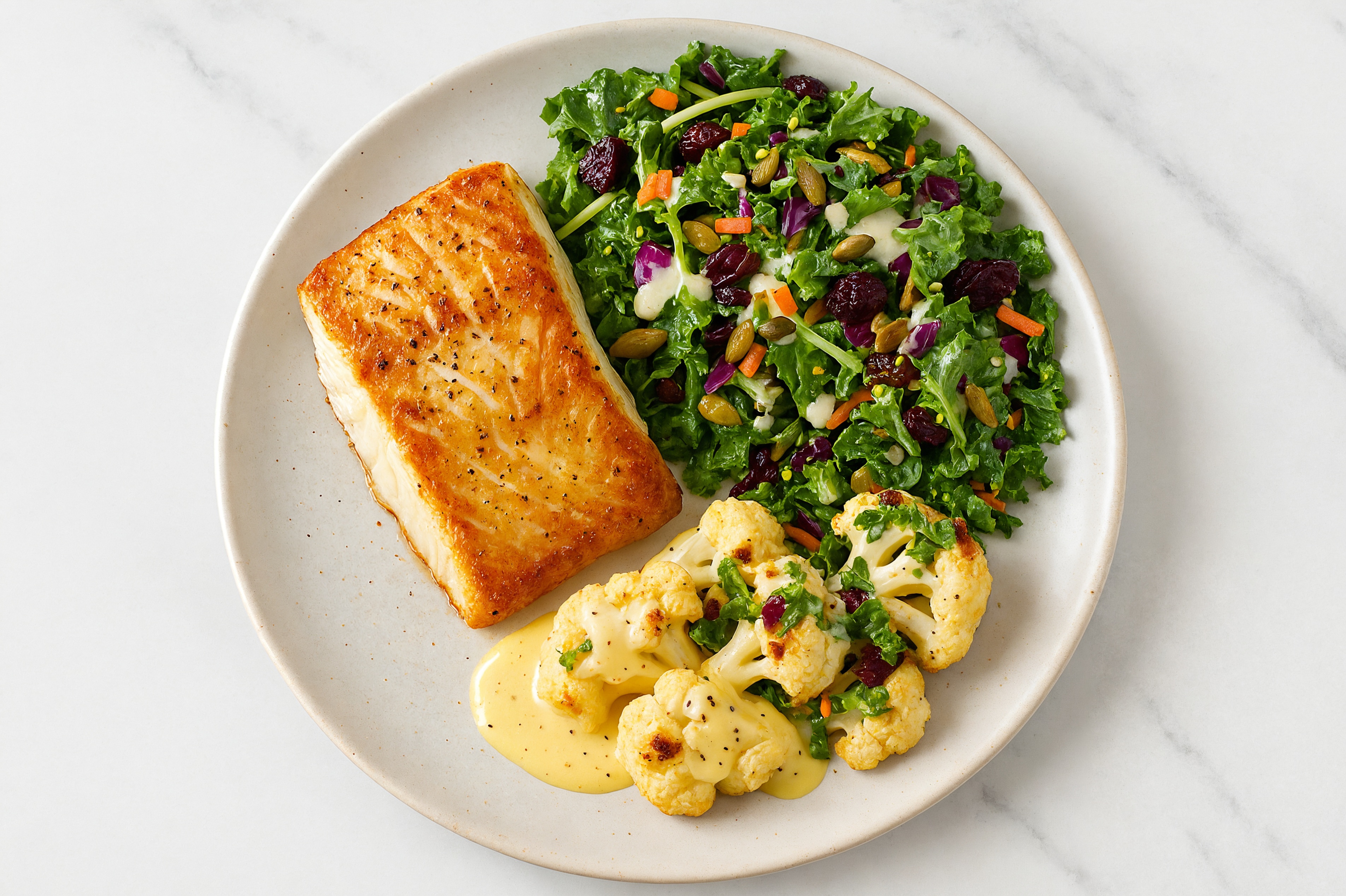Seared Halibut + Creamy Cheddar Cauliflower Florets
