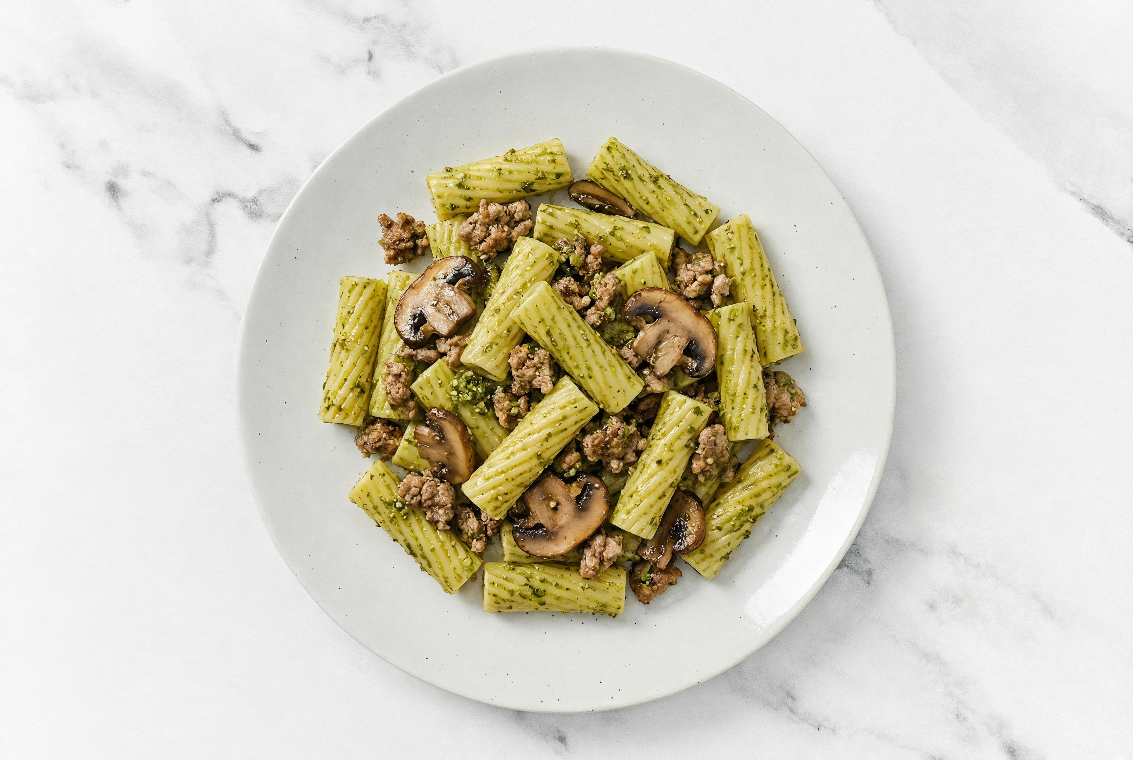Rigatoni Pesto with Ground Lamb & Mushrooms