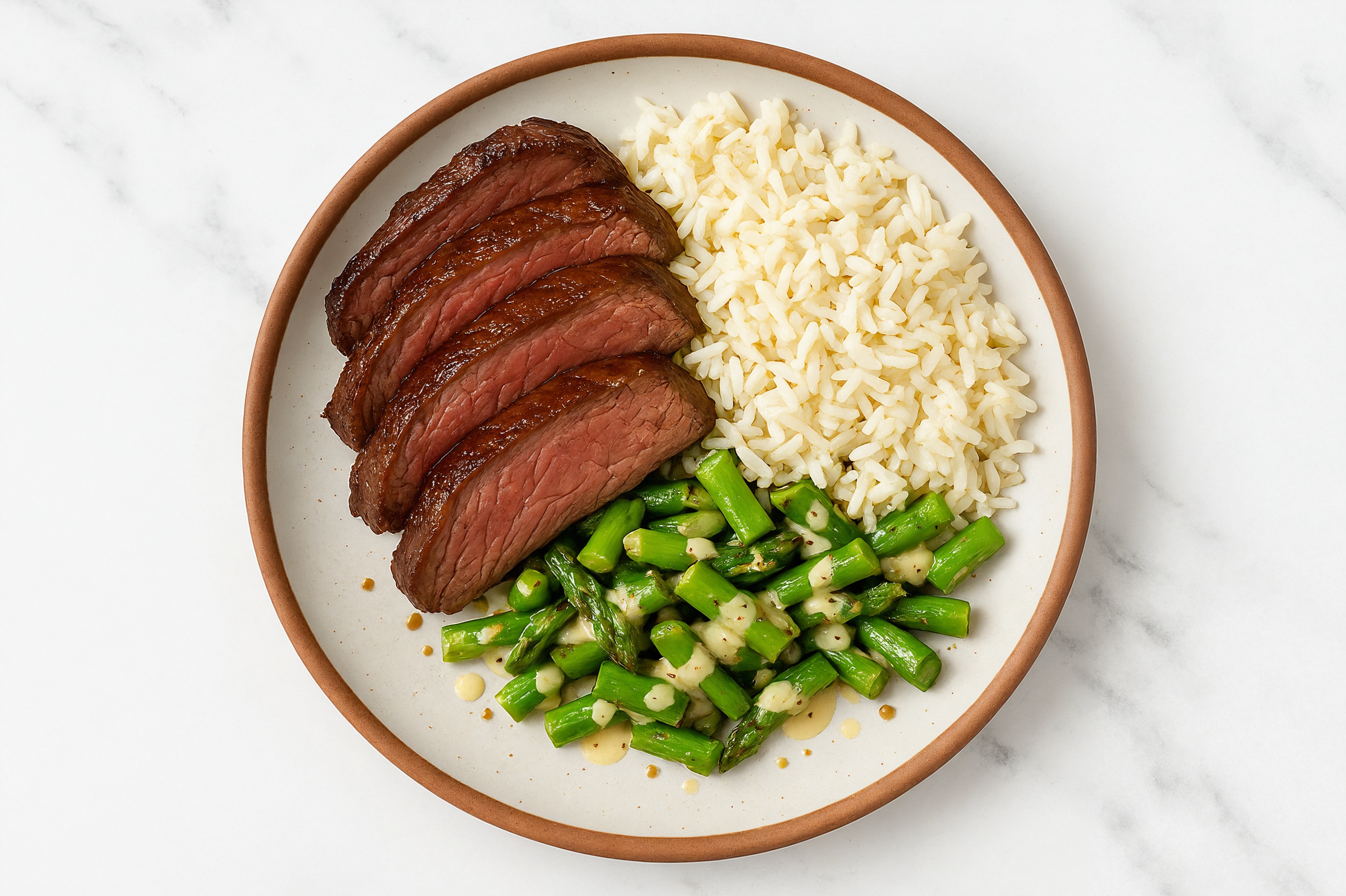 Grass-Fed Beef Sirloin Steaks + Rice, Asiago Dressing, Asparagus